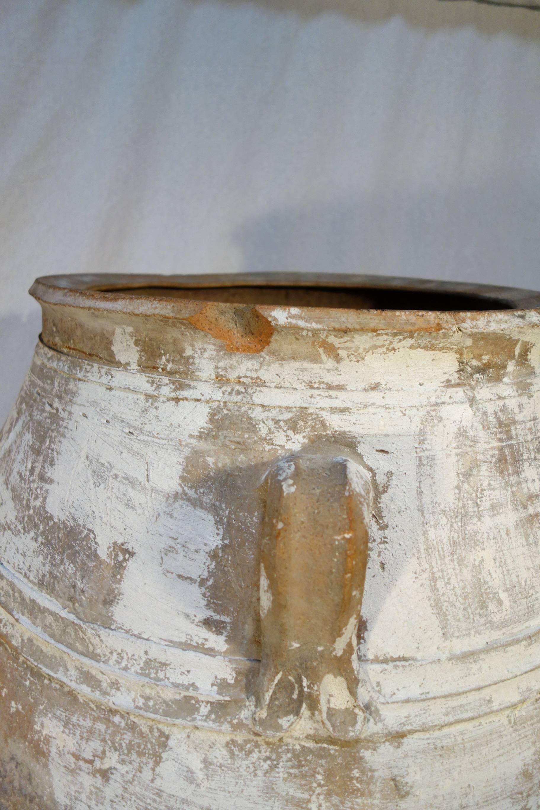 Greek 19th Century Antique Large Mediterranean Terracotta Amphora Jar White Patina 