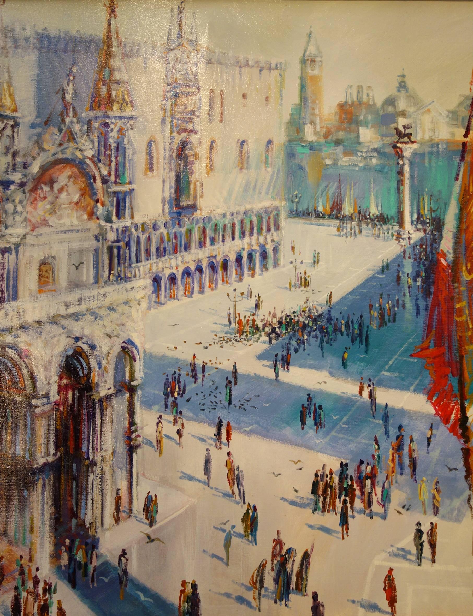 Romantic Vintage Vivid Venice Piazza San Marco Painting Signed Cyro Armand Ca 1930