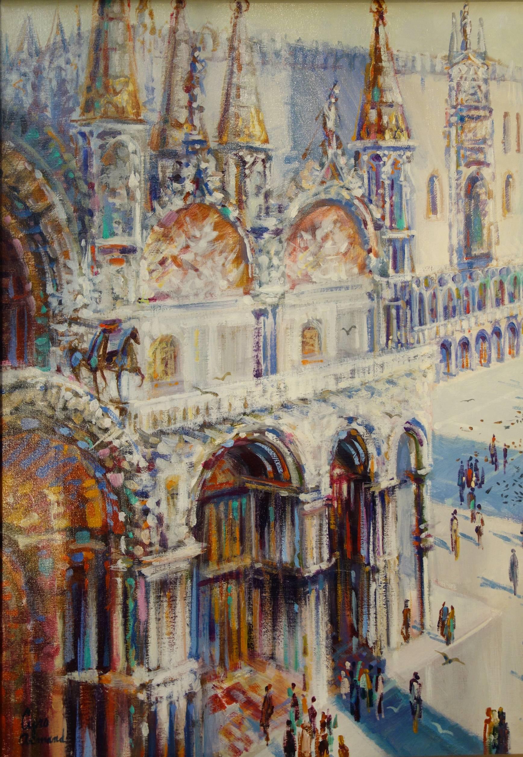 Italian Vintage Vivid Venice Piazza San Marco Painting Signed Cyro Armand Ca 1930