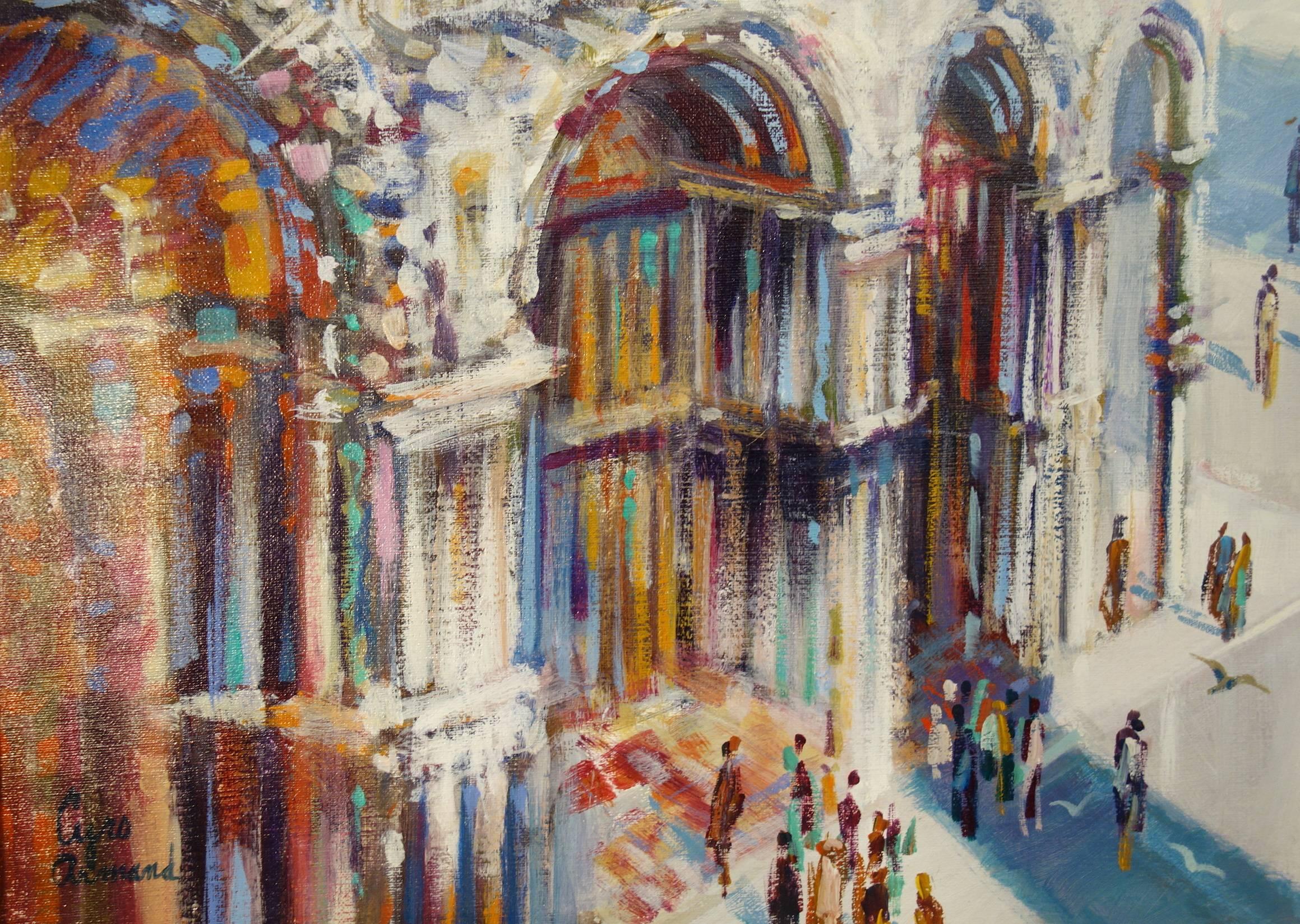 Painted Vintage Vivid Venice Piazza San Marco Painting Signed Cyro Armand Ca 1930