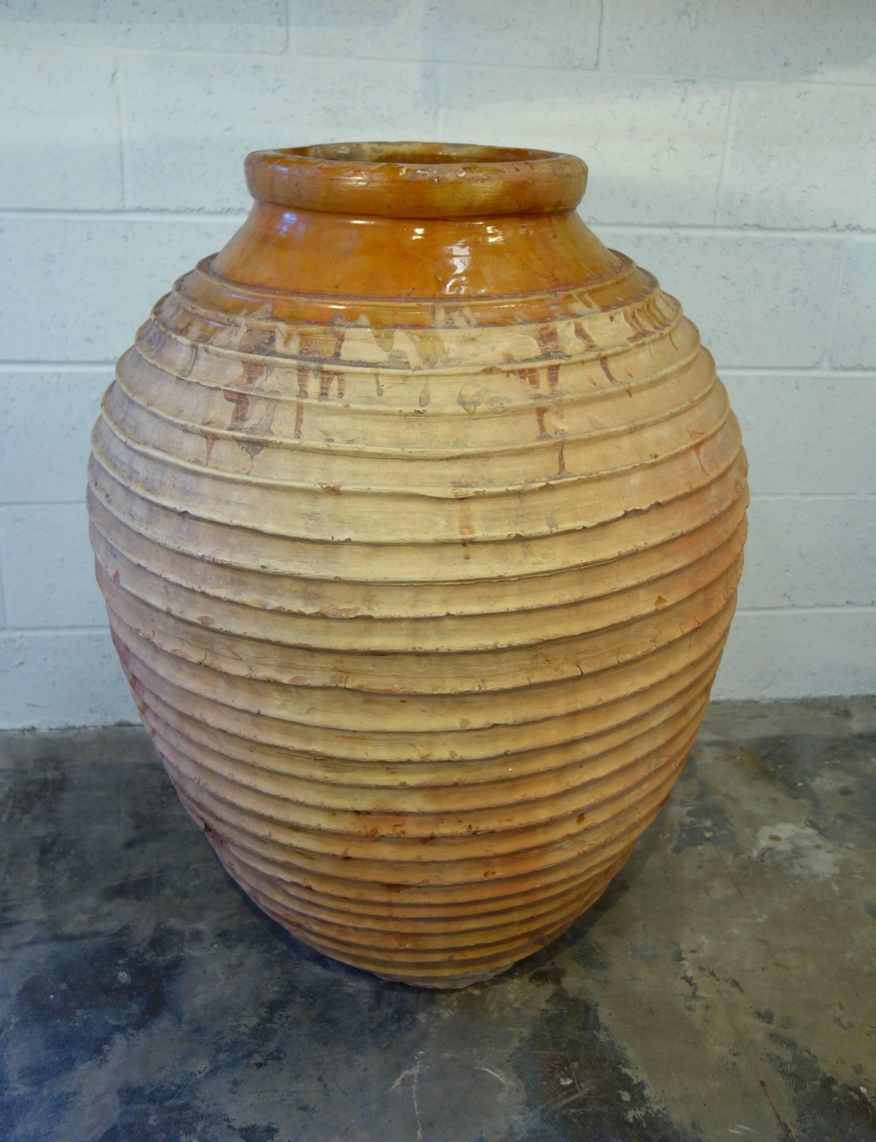 19th Century Mediterranean Terracotta Large Koroni Orcio Glazed Terracotta Jar In Good Condition In Encinitas, CA