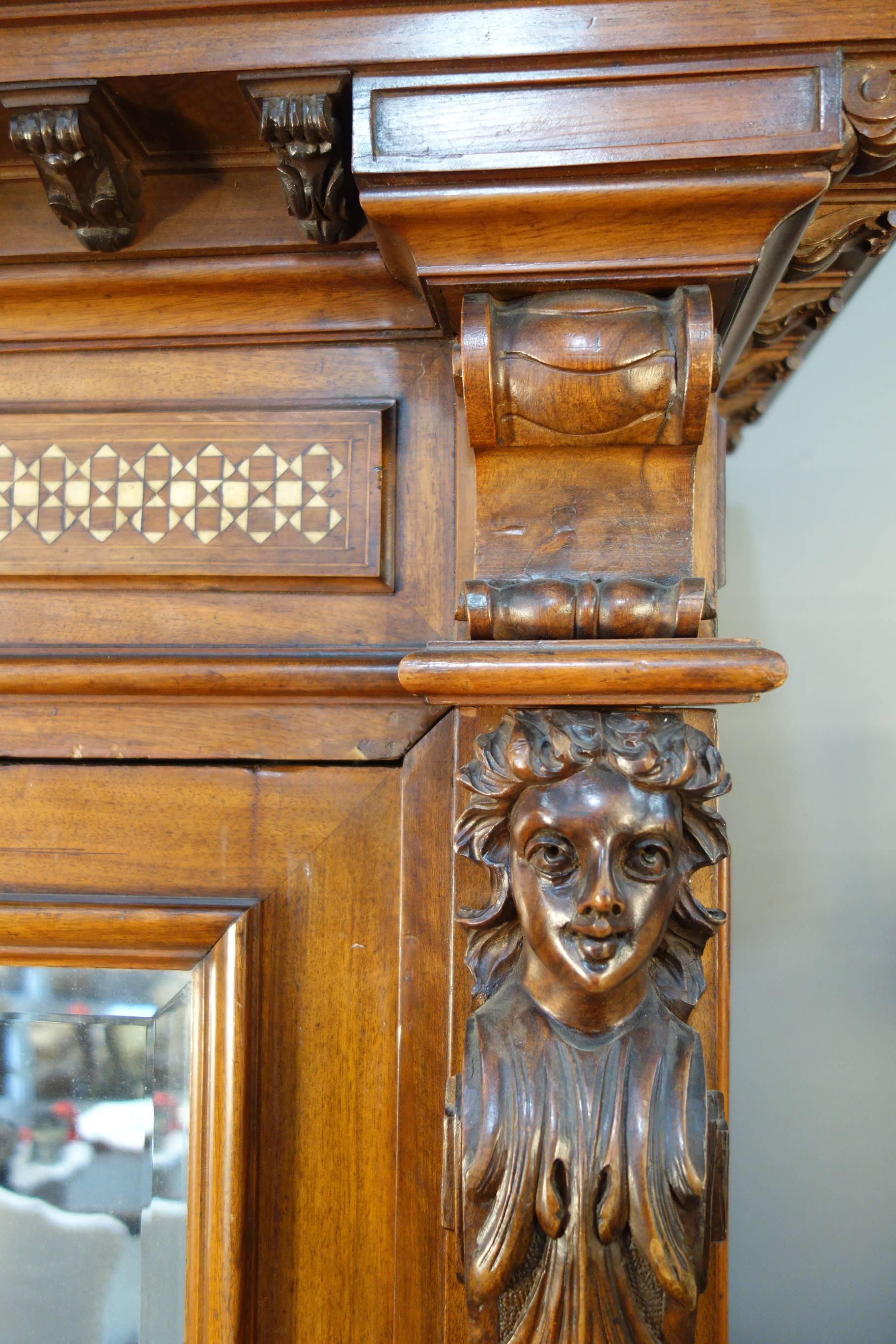 Antique Italian Tuscan Renaissance Armoire with Inlays, Caryatid & Fruit Triumph 3