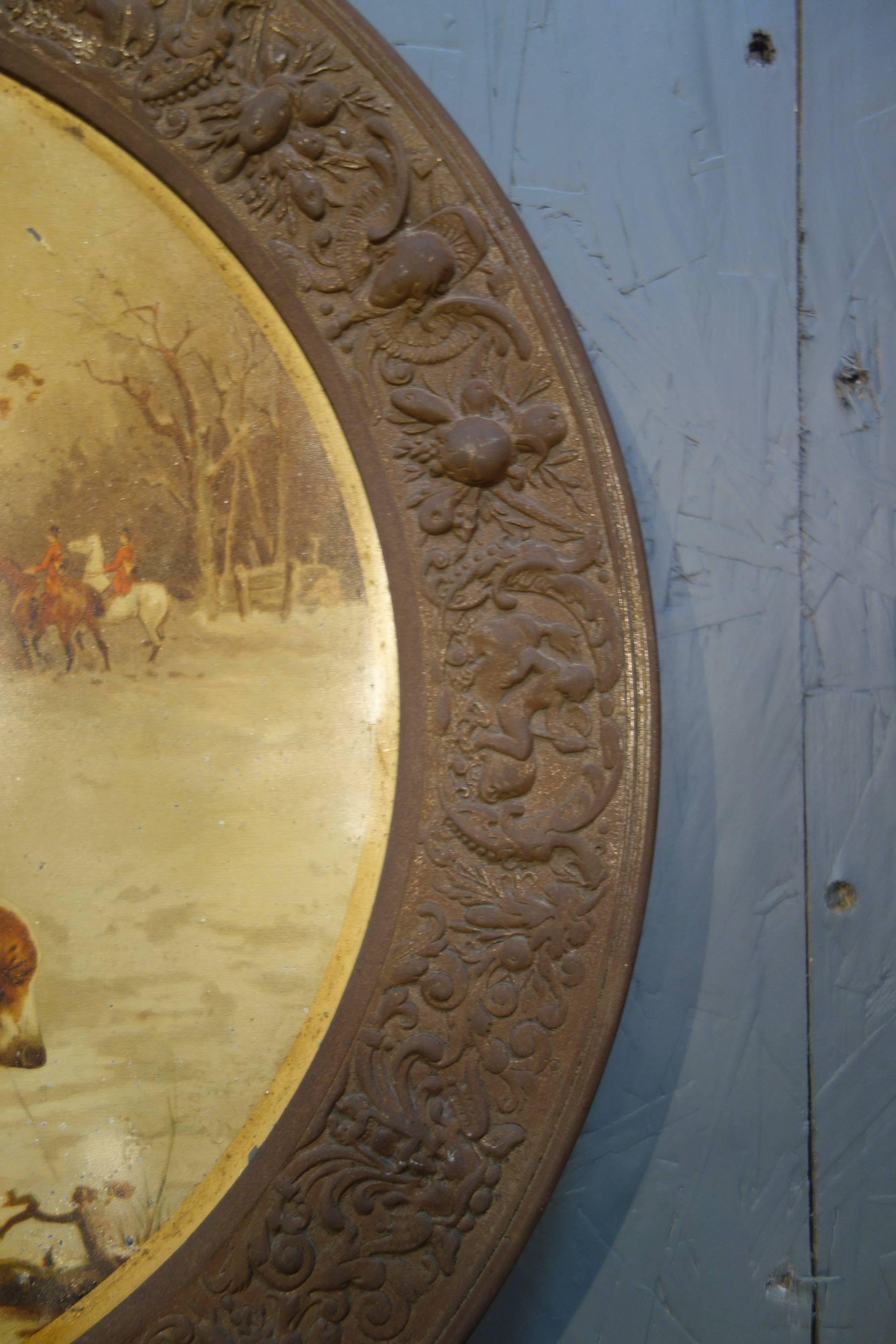 Pareja de Escenas de Caza Antiguas de Arte de Principios del Siglo XIX en Placas Cóncavas de Estaño 1850 en Bueno estado para la venta en Encinitas, CA