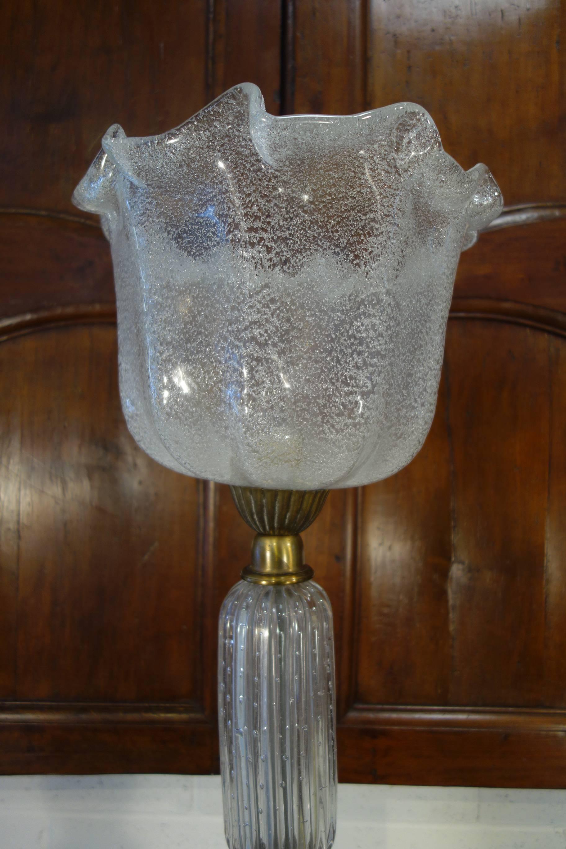 Vintage Italian Mid Century Murano Bubble Glass and Brass Torchiere In Excellent Condition In Encinitas, CA