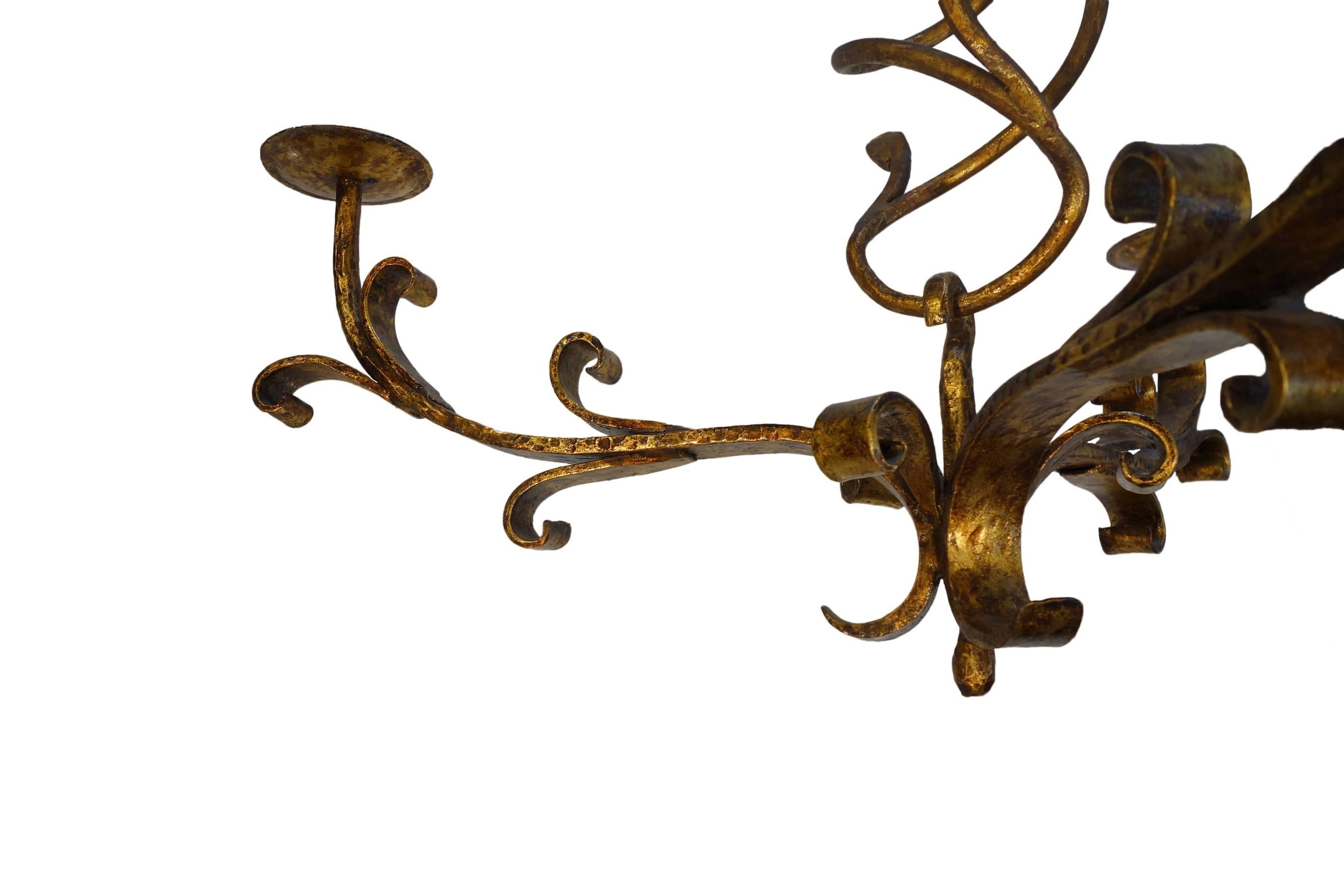 Italian Mid-Century Forged Wrought Iron & Gold Gilt Chandelier 1