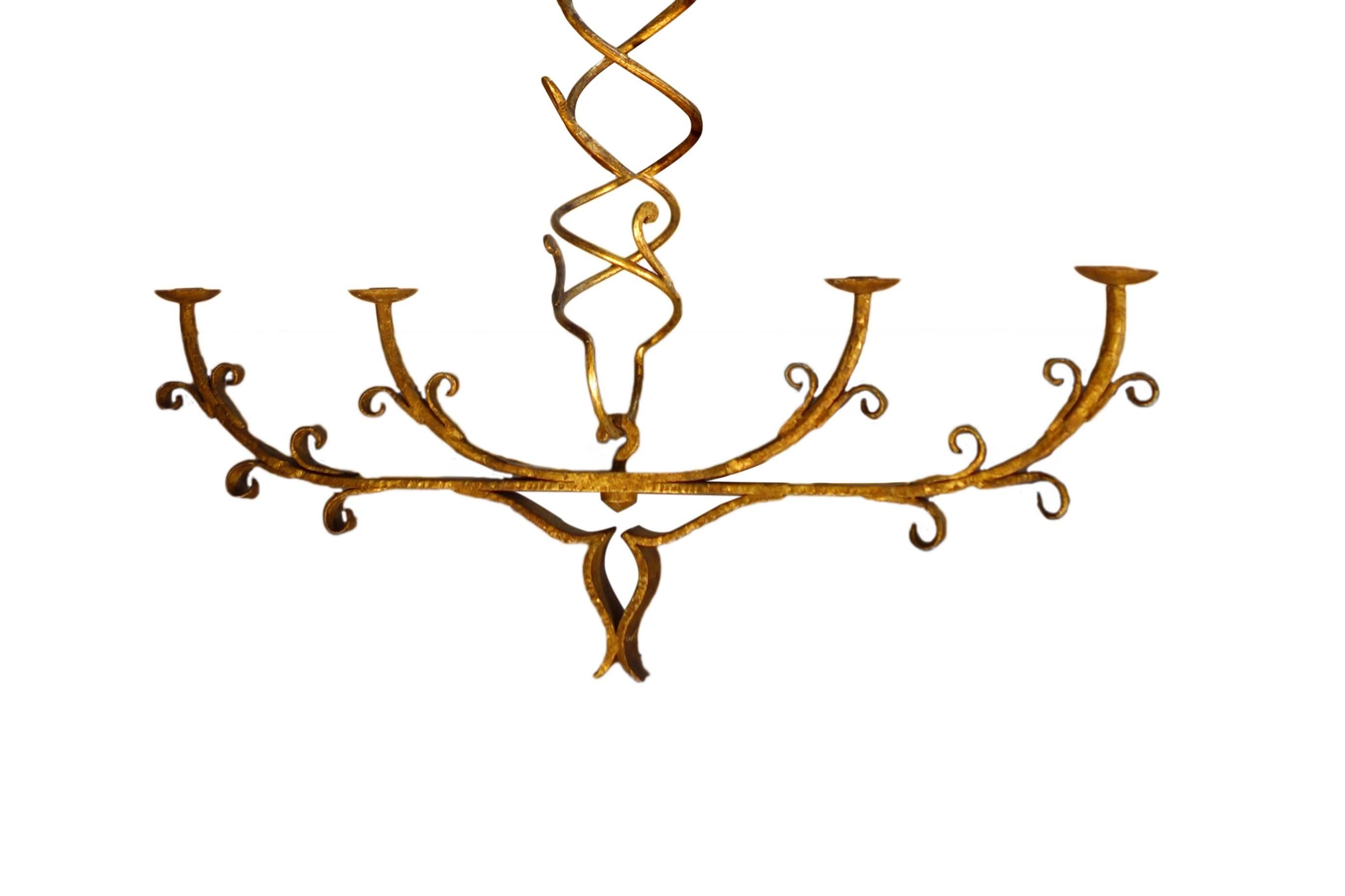 Italian Mid Century Art Nouveau Forged Wrought Iron and Gold Gilt Chandelier In Excellent Condition For Sale In Encinitas, CA