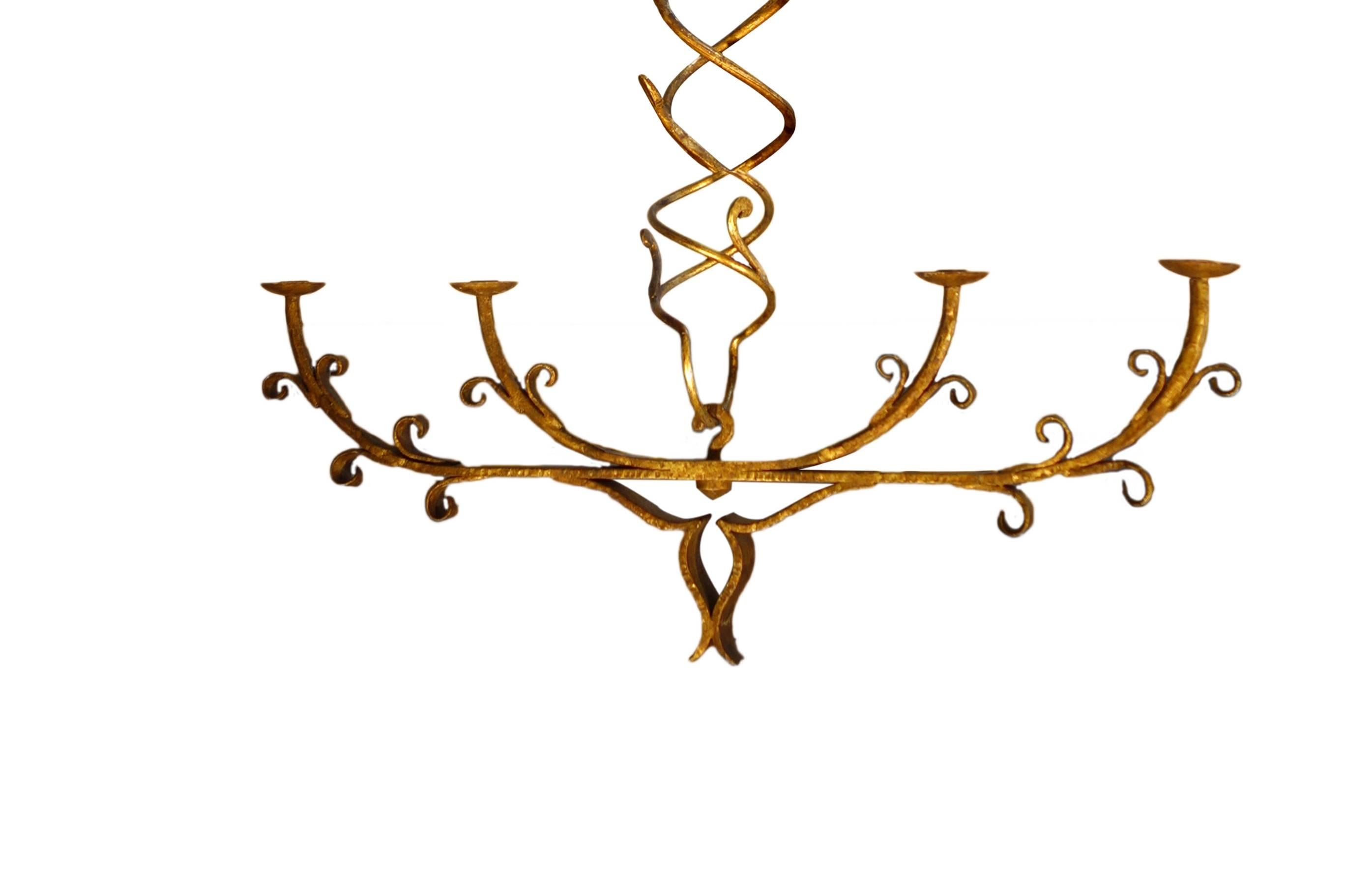 Italian Mid Century Art Nouveau Forged Wrought Iron and Gold Gilt Chandelier For Sale 2