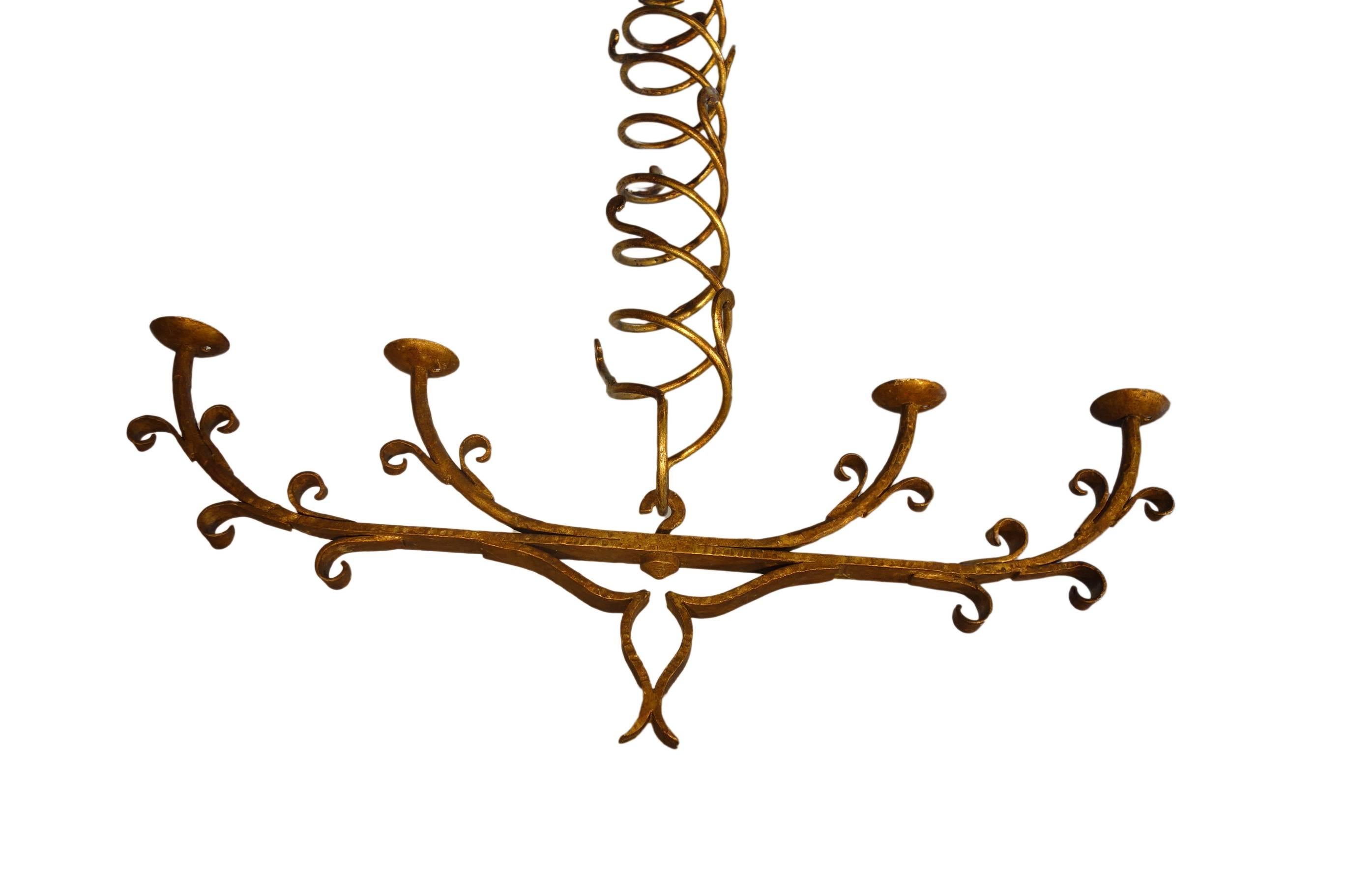Italian Mid Century Art Nouveau Forged Wrought Iron and Gold Gilt Chandelier For Sale 3