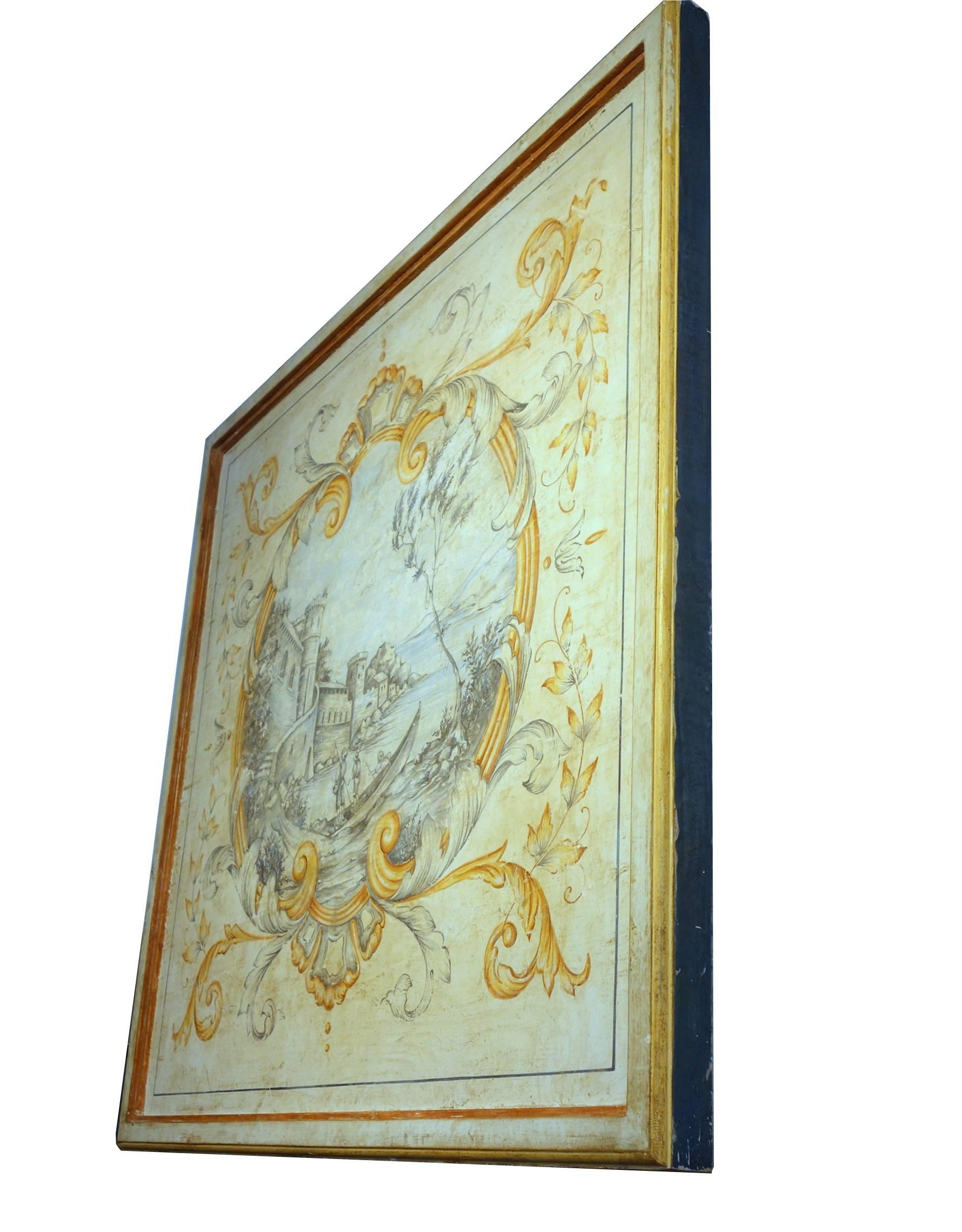 Lovely, subtle romantic painting on wood with soft blues and golds on white background; framed similarly.

Dimensions: 47