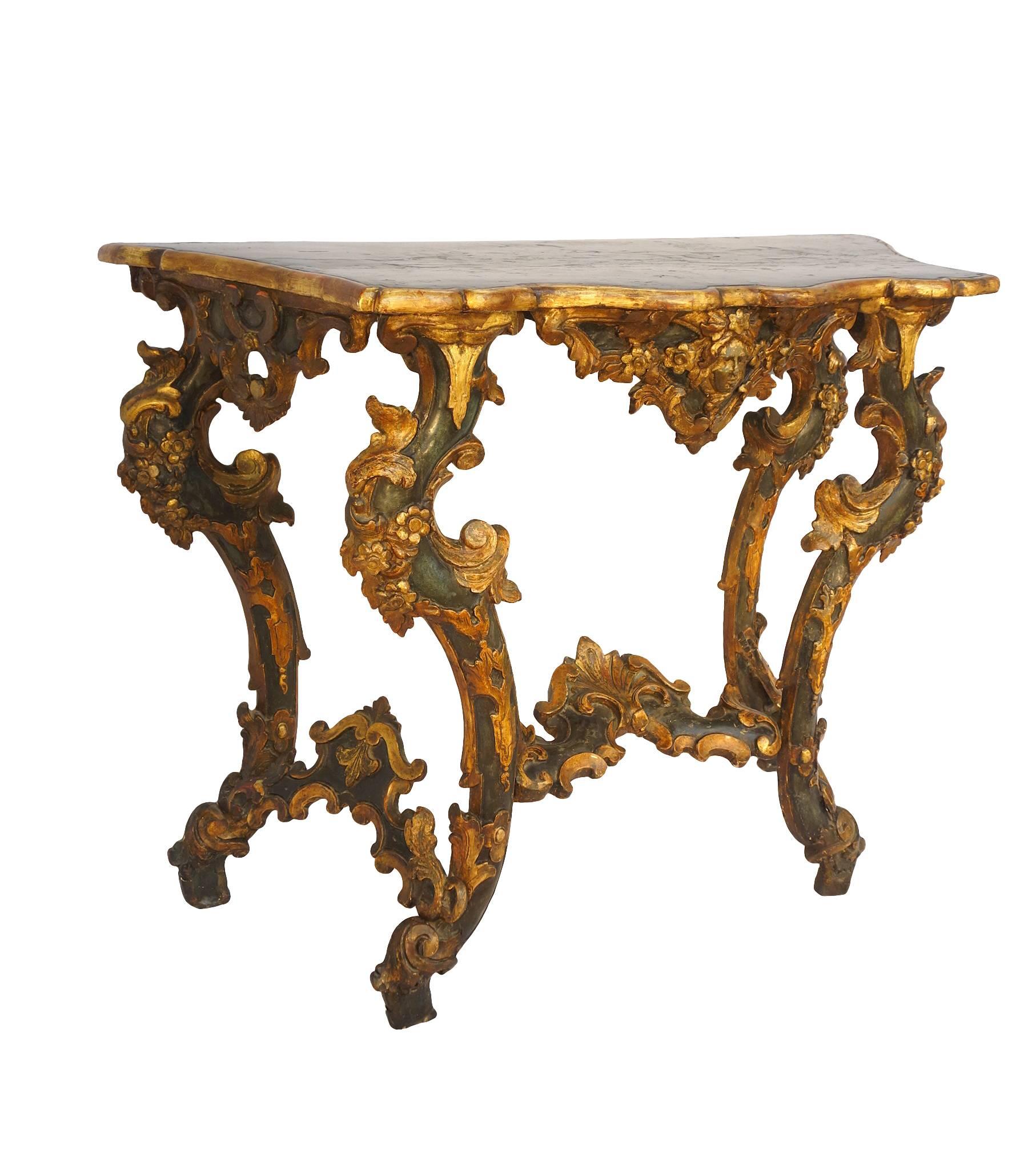 Baroque 18th Century Pair of Roman Parcel Gilt and Painted Console Tables Circa 1750 