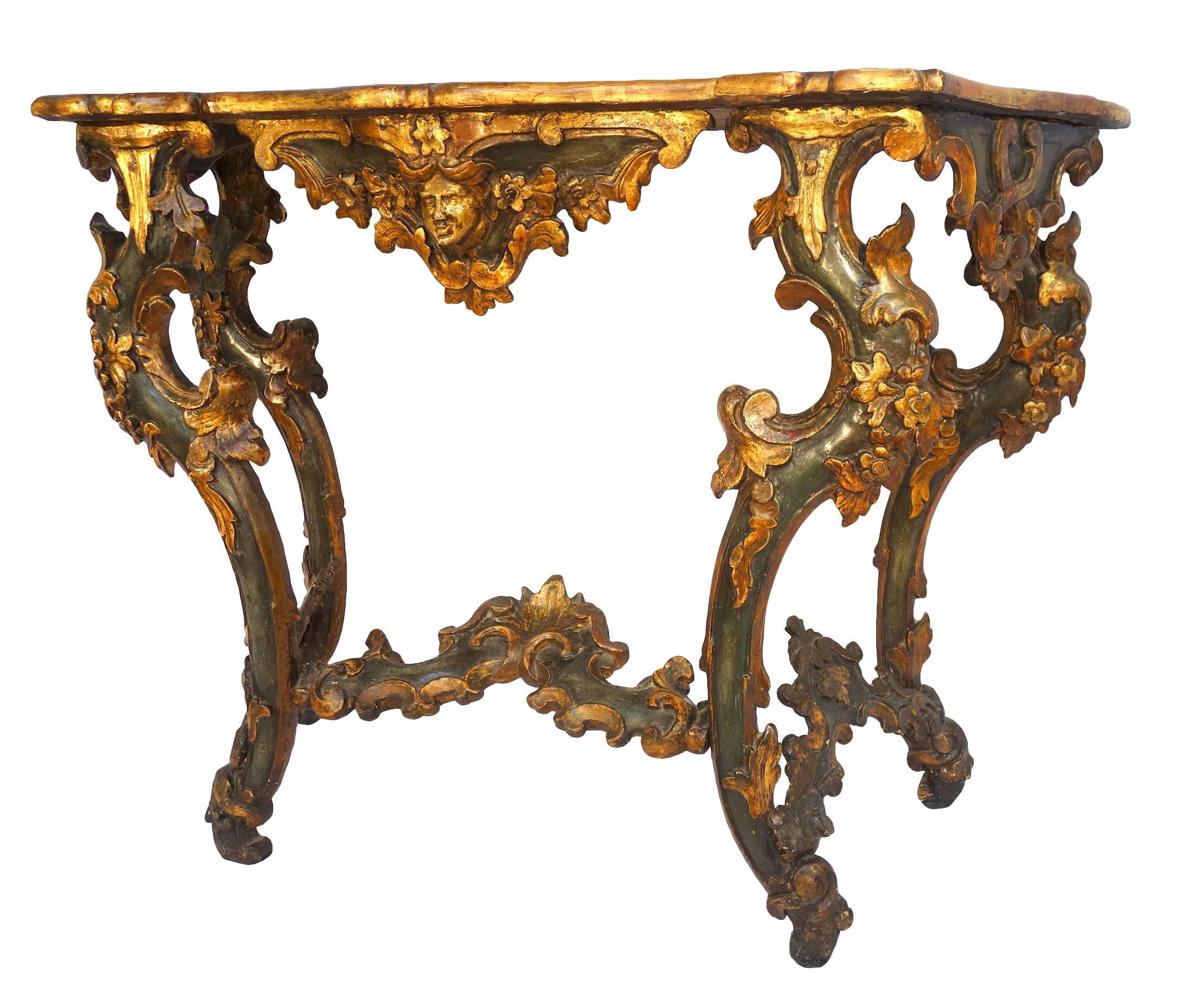 Italian 18th Century Pair of Roman Parcel Gilt and Painted Console Tables Circa 1750 