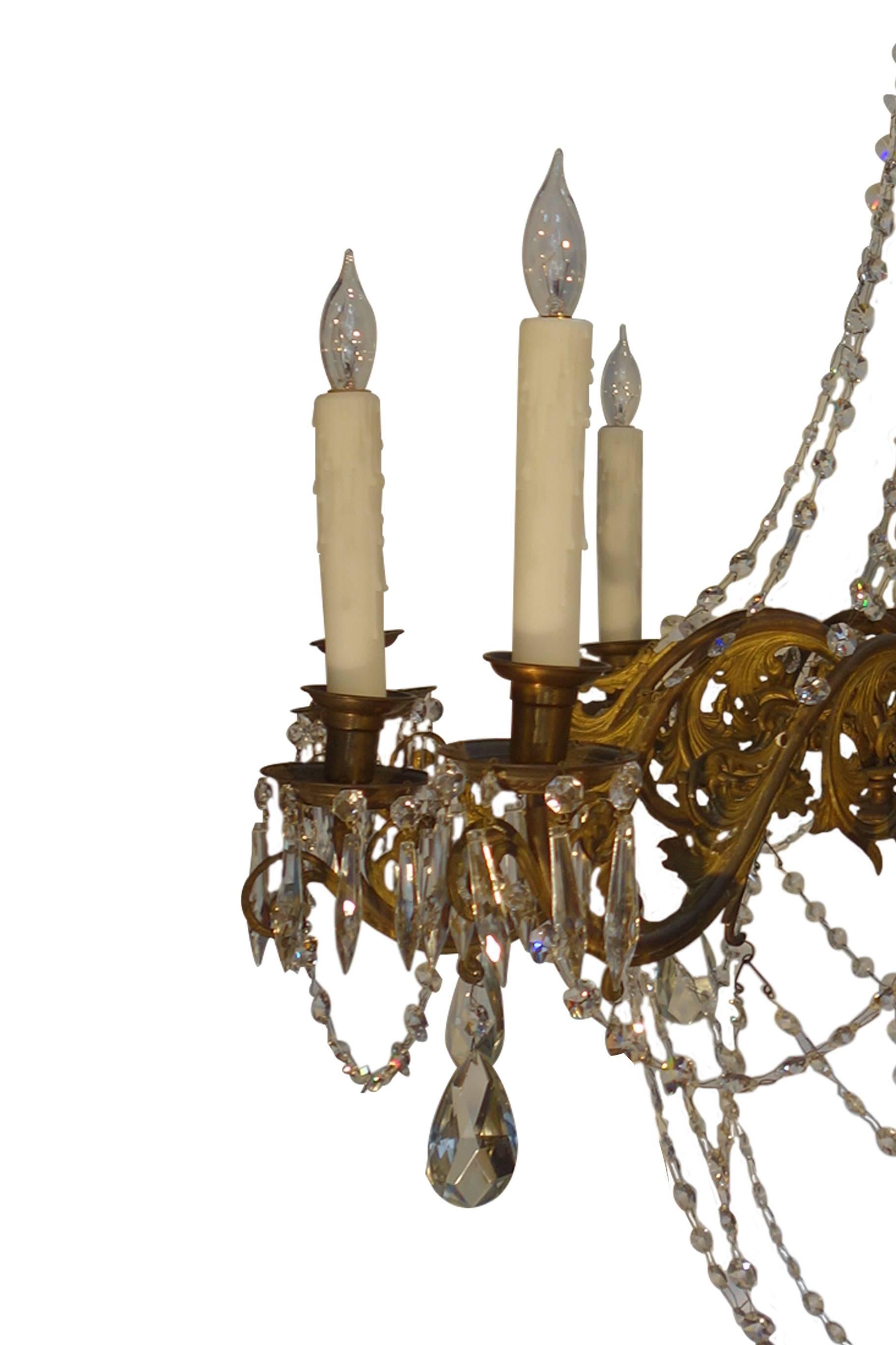 Antique Italian Empire Style Crystal and Brass 12-Light Chandelier, circa 1860 1