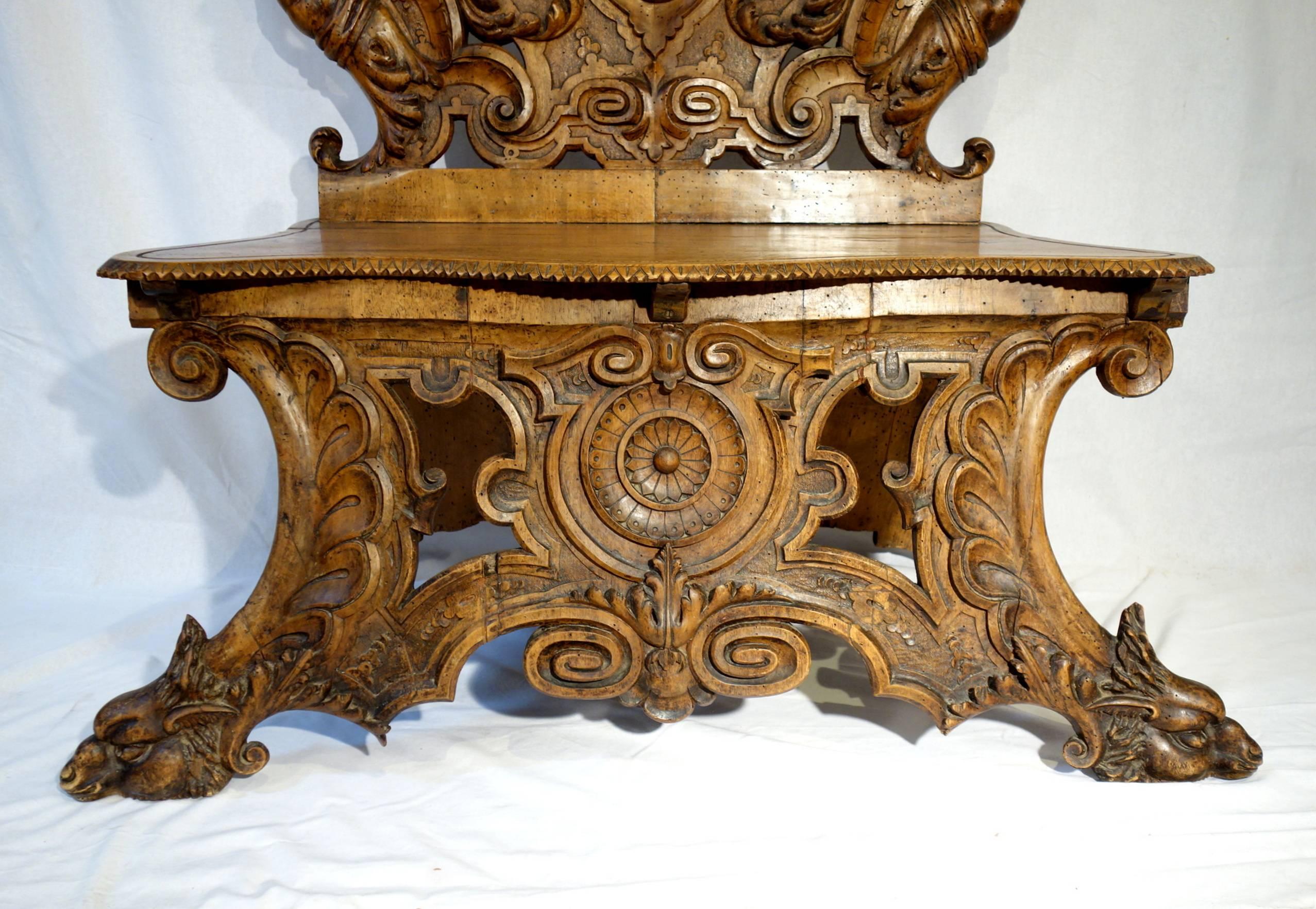 Baroque 19th Century Antique Italian Carved Walnut Bench by Valentino Besarel Ca 1870 For Sale