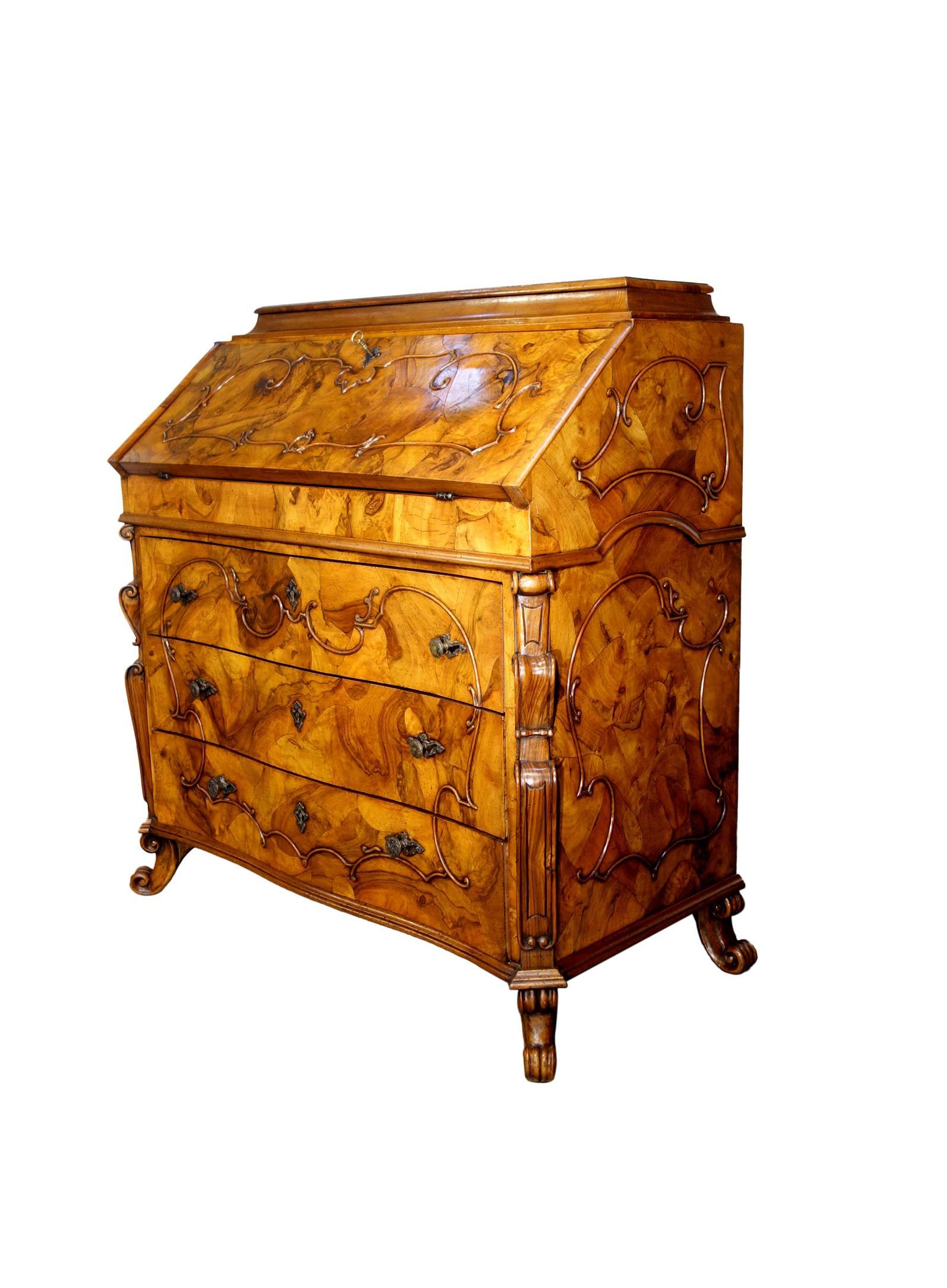 Louis XIV 19th Century Antique Italian Lombardy Secretary Desk Walnut Burl Circa 1820