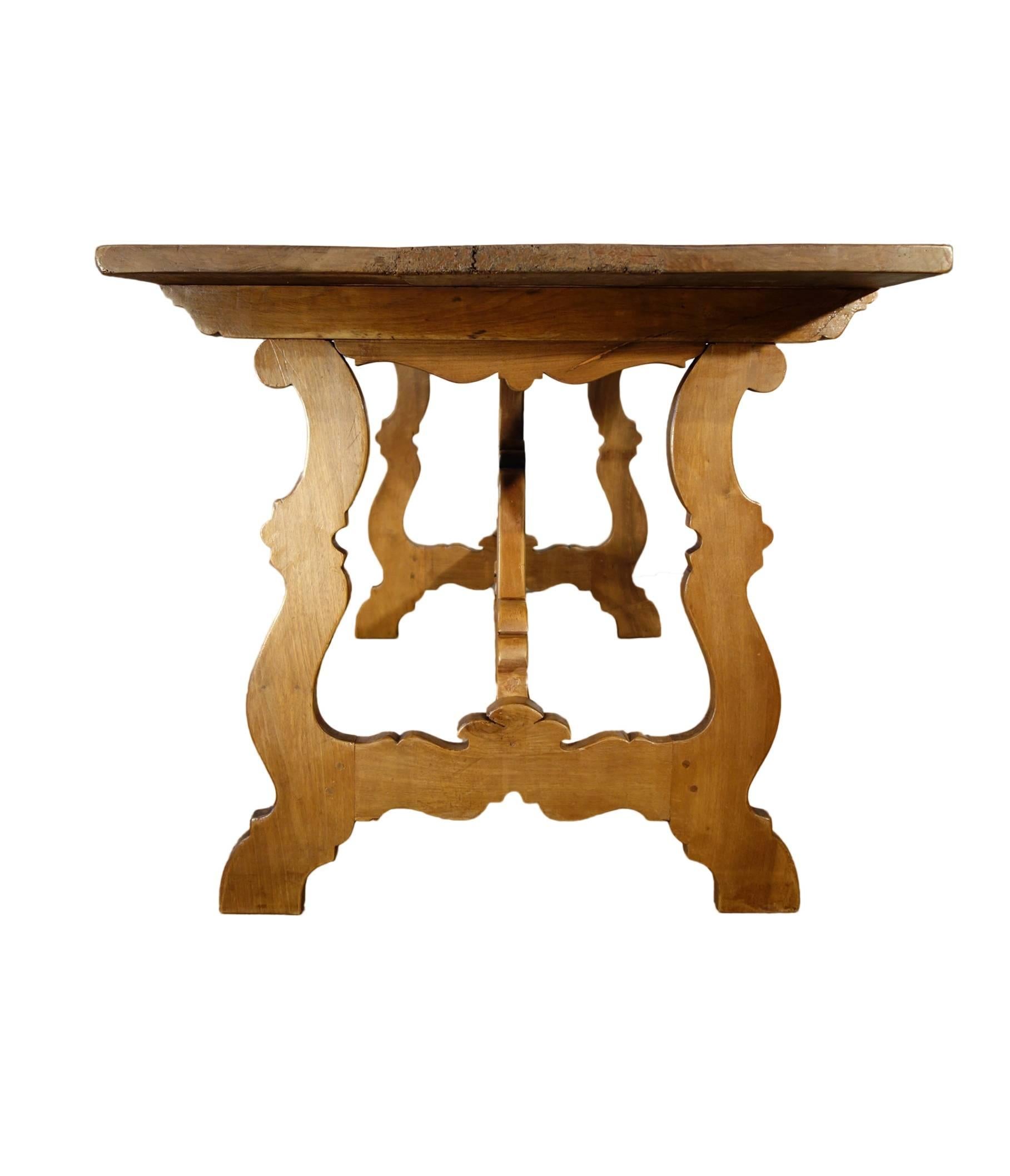 Antique Italian Rustic Tuscan Farmhouse Walnut Table Carved Stretcher Ca 1820 In Good Condition In Encinitas, CA