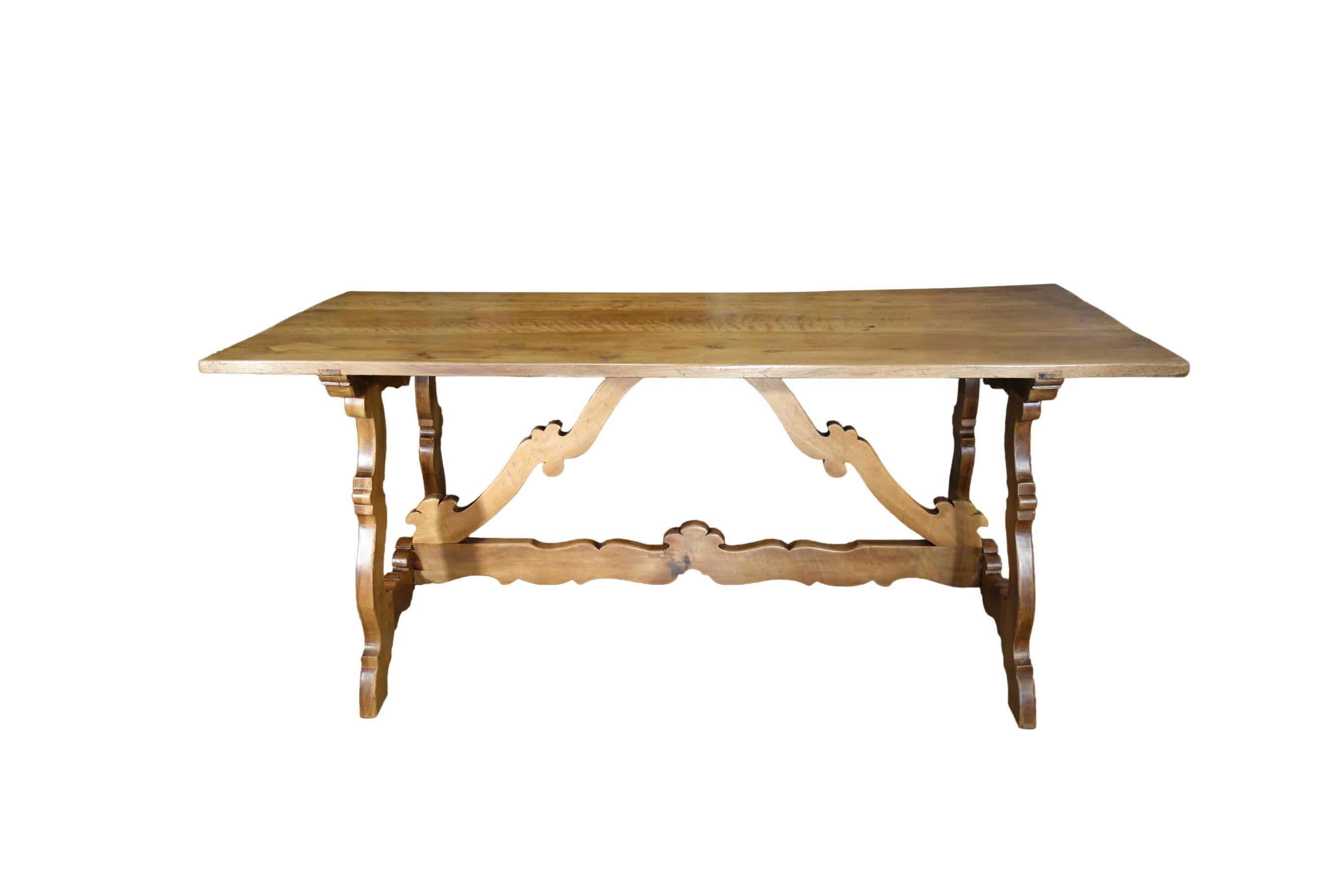 Renaissance Antique Italian Rustic Tuscan Farmhouse Walnut Table Carved Stretcher Ca 1820