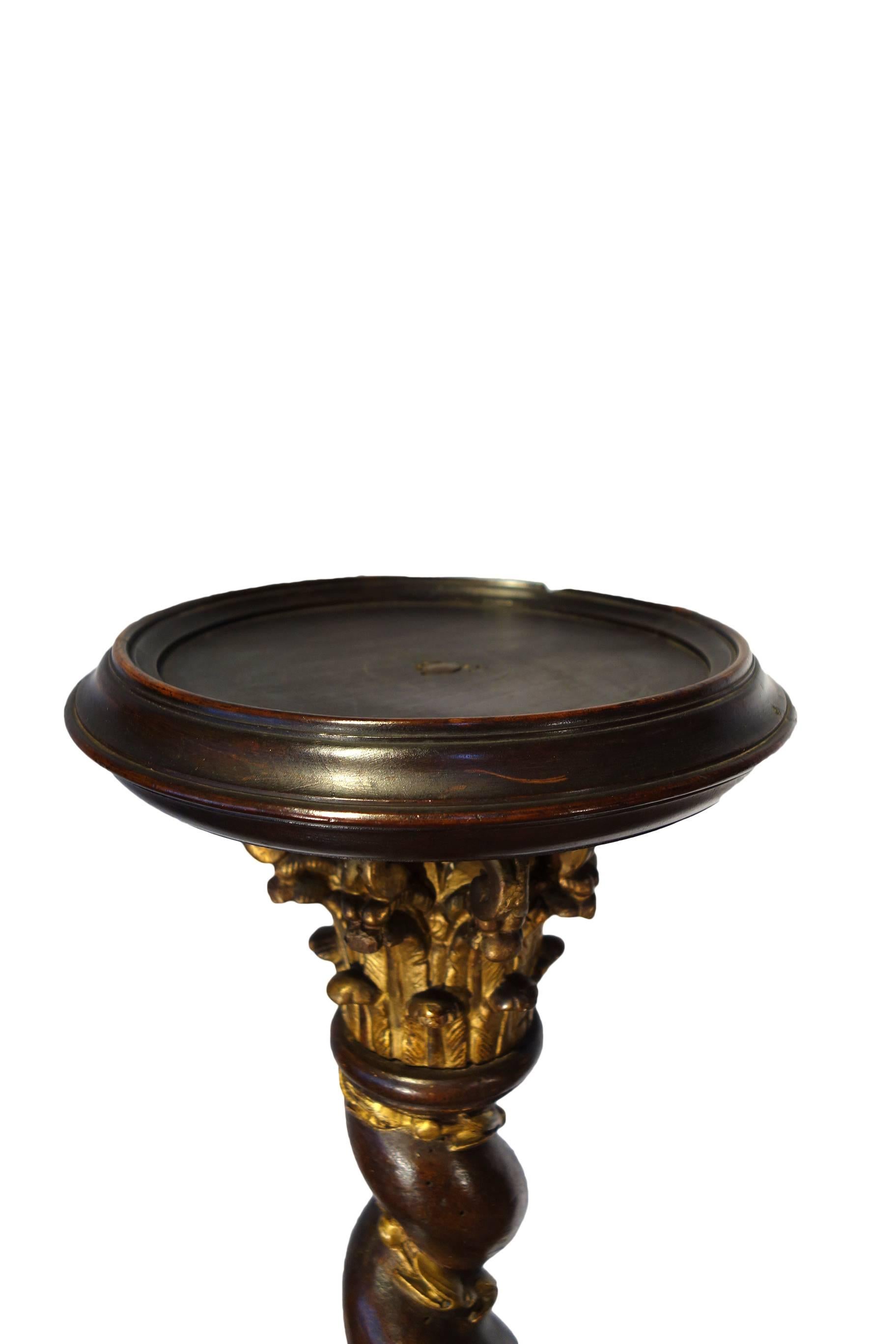 Hand-Carved Antique Italian Venetian Black Gold Gilt Carved Walnut Torchiere Pair Circa 1820
