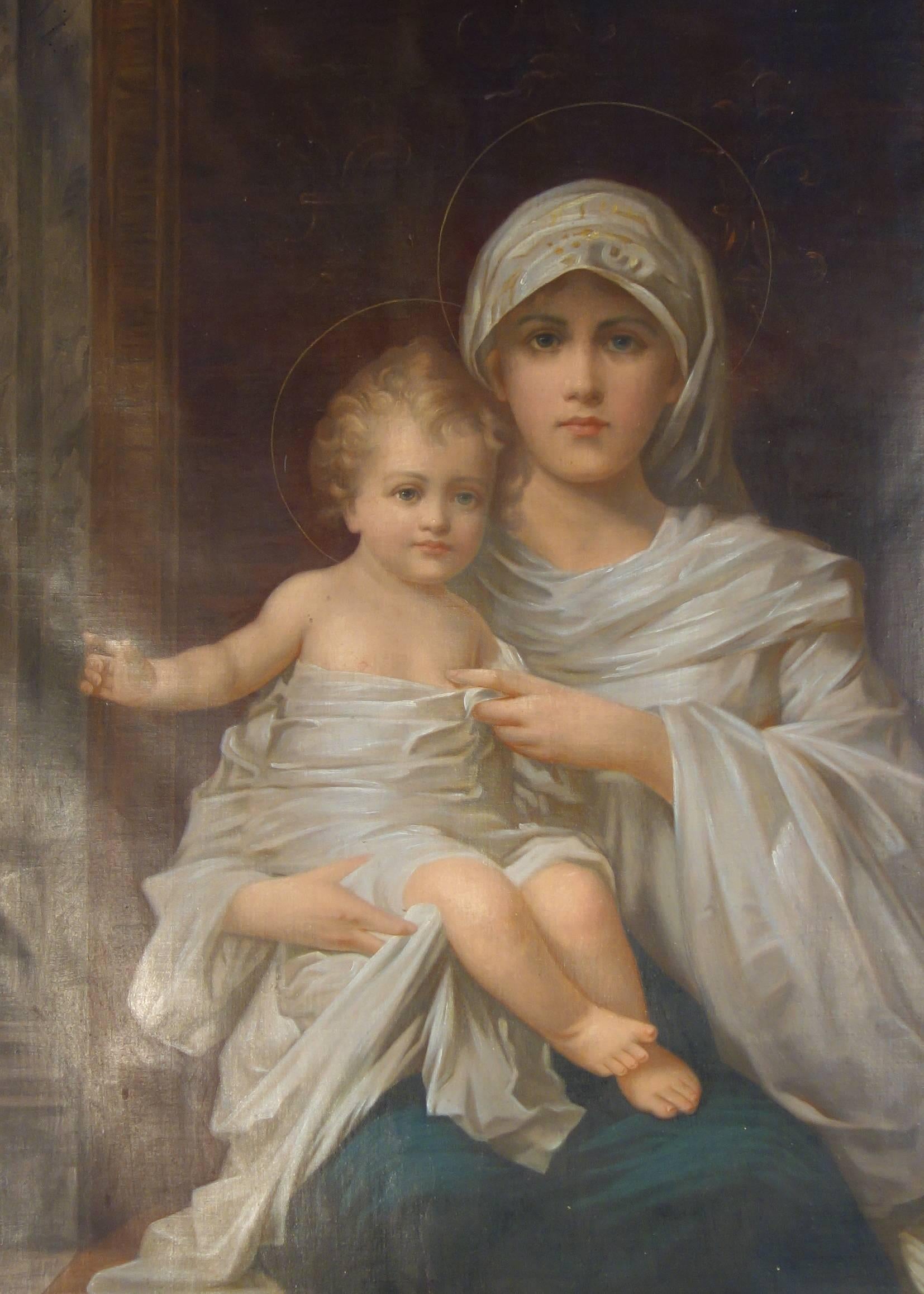 Large, well-executed antique oil on canvas framed painting depicting the Virgin Mary and Christ Jesus seated on a marble bench.  In the romantic style of Nicolò Barabino (1831-1891).  Realistic details. Decorated giltwood frame, 19th century. 