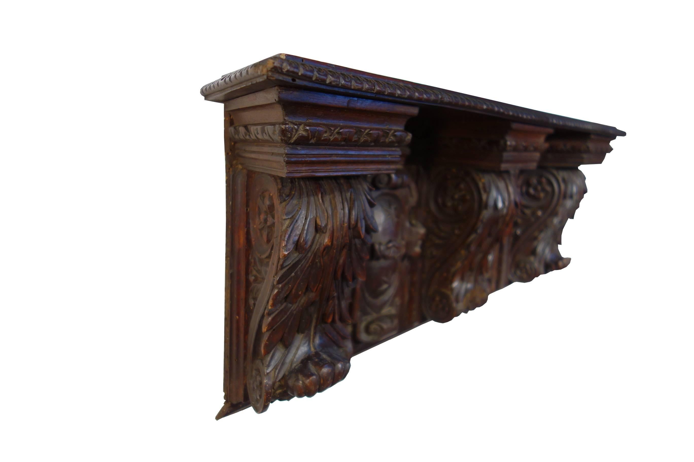 Walnut Antique Italian Renaissance Style Architectural Hand Carved Shelf Circa 1840