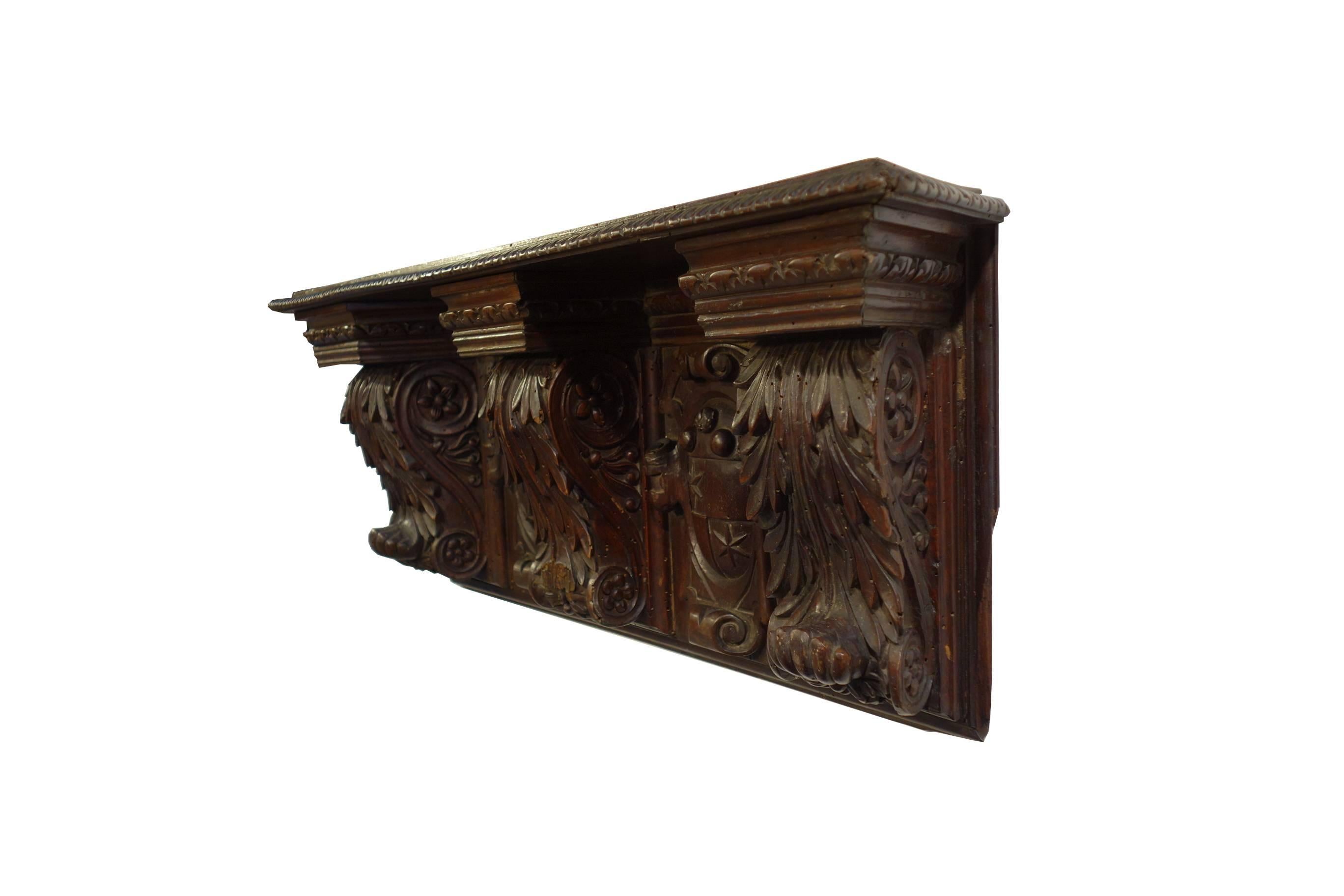 Antique Italian Renaissance Style Architectural Hand Carved Shelf Circa 1840 2