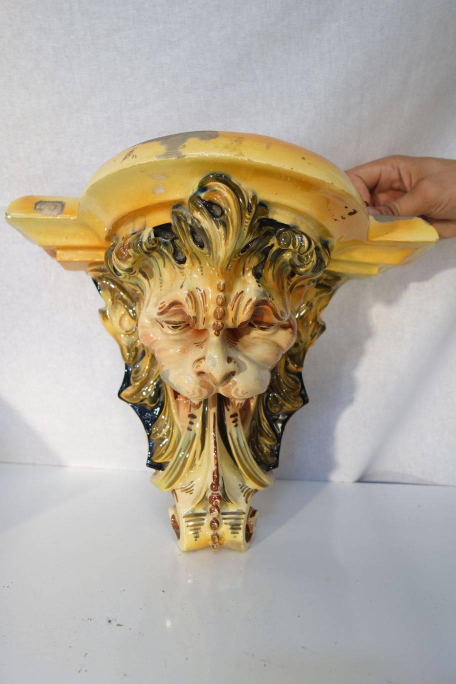 Italian Early 19th Century Renaissance Style Majolica Lion Head Shelves, Pair