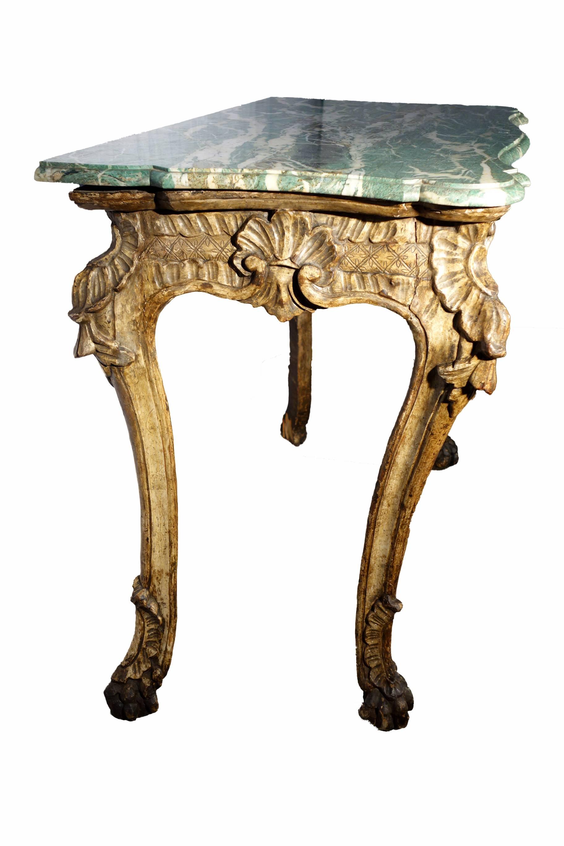 Carved Early 18th Century Italian Roman Console Mecca Gold Silver Leaf and Malachite