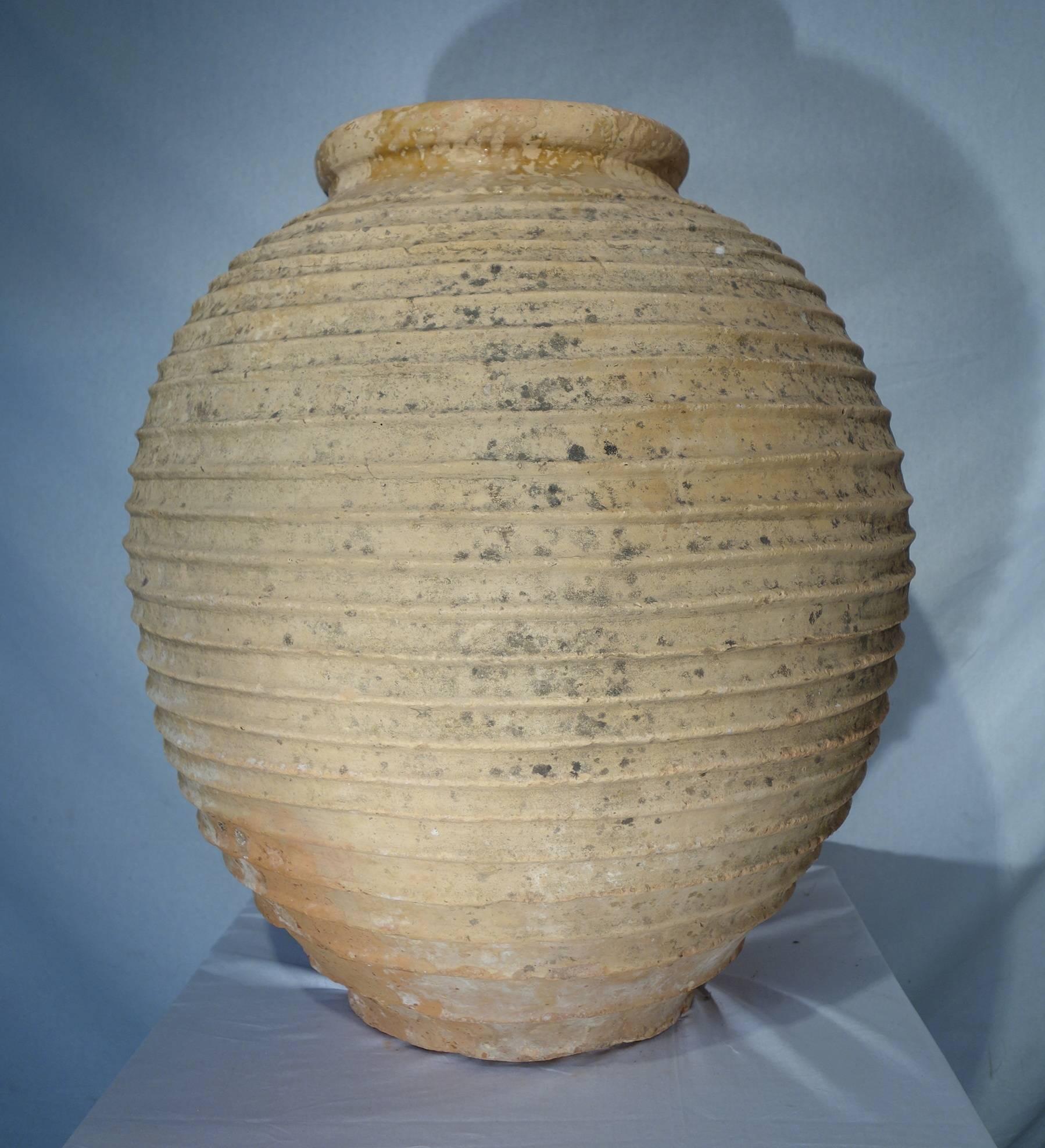 Peloponnesian Koroni jar naturally weathered into a beautiful patina with lichen. Around the top neck the clay presents a beautiful ochre.