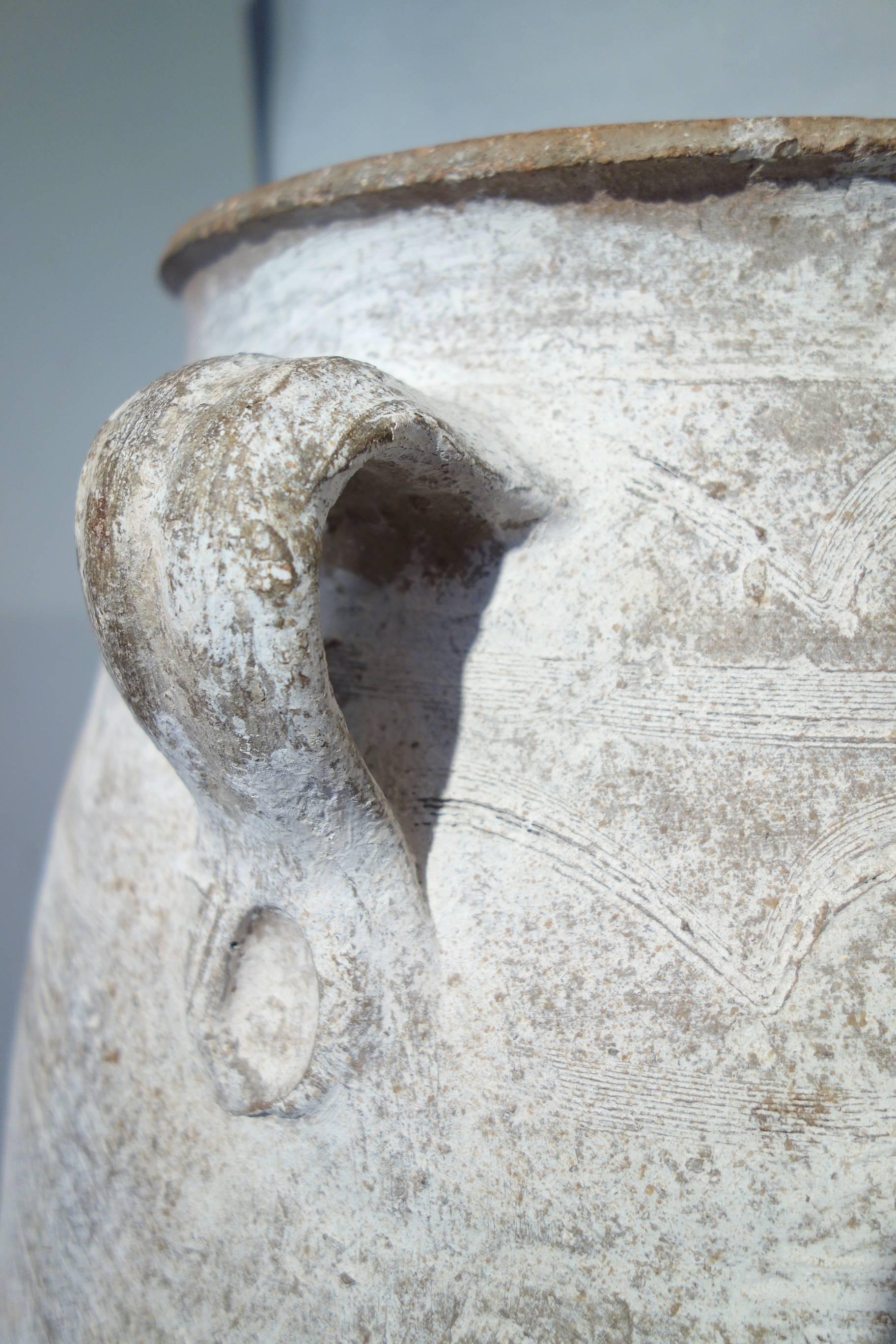 19th Century Mediterranean Terracotta Amphora Jar with White Patina and Handles 2
