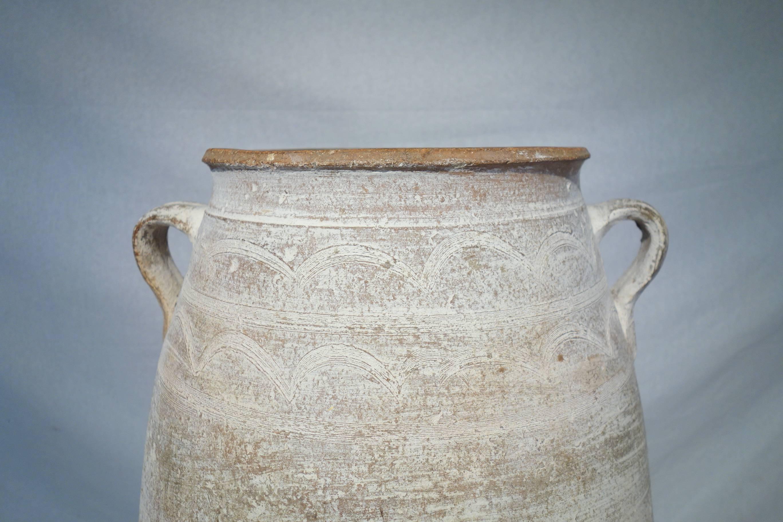 19th Century Mediterranean Terracotta Amphora Jar with White Patina and Handles 3