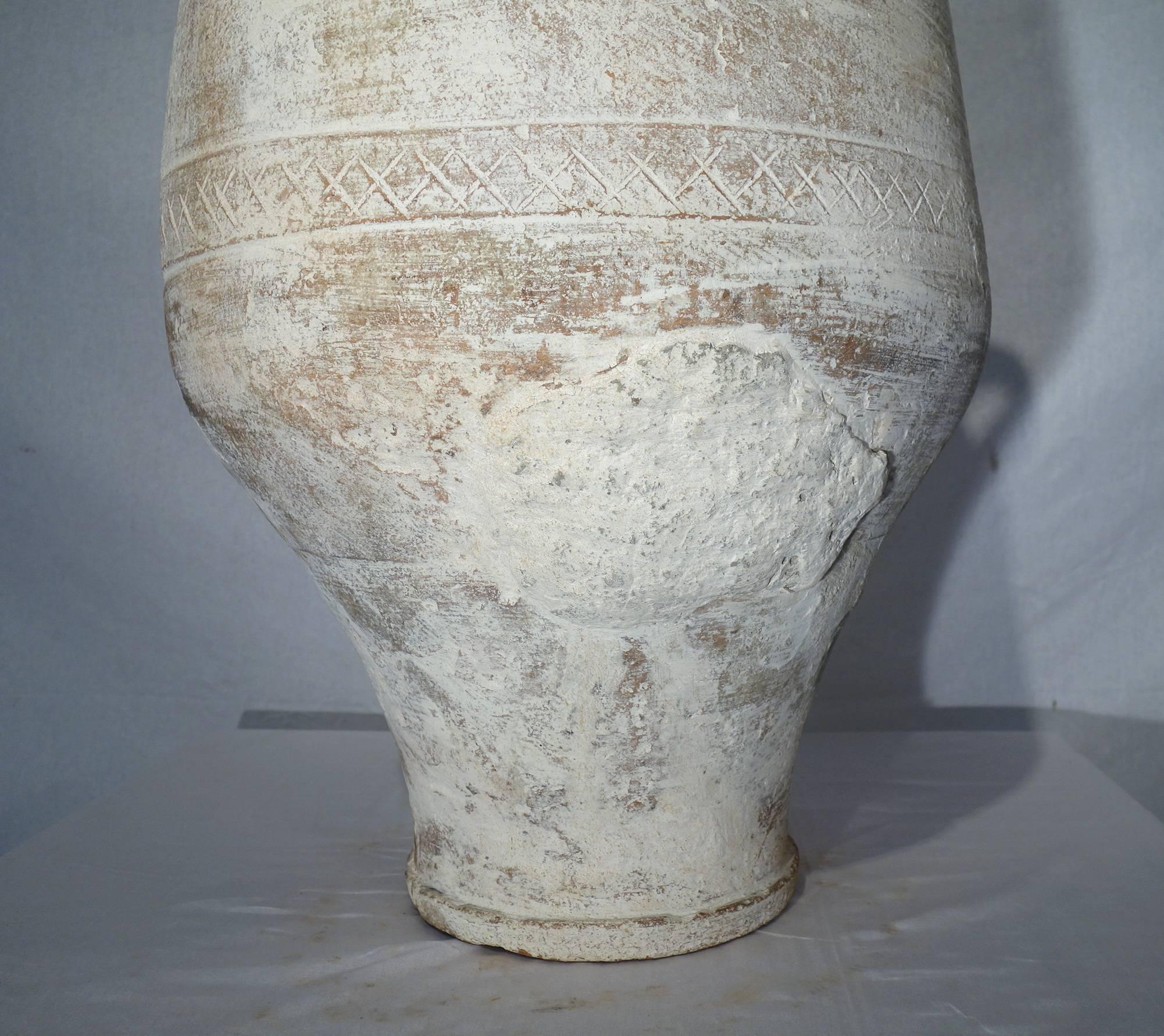 19th Century Mediterranean Terracotta Amphora Jar with White Patina and Handles 4