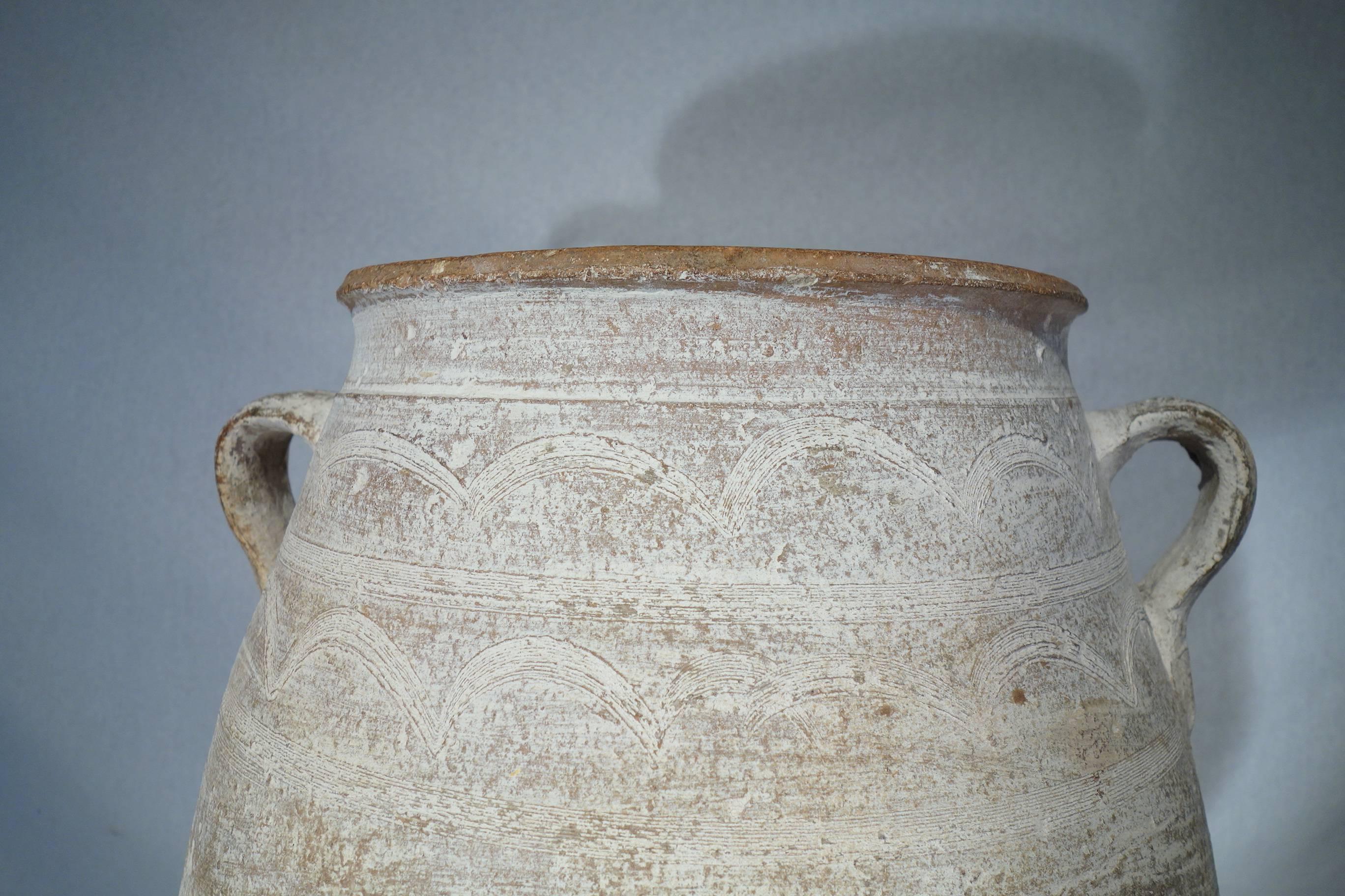 19th Century Mediterranean Terracotta Amphora Jar with White Patina and Handles 1