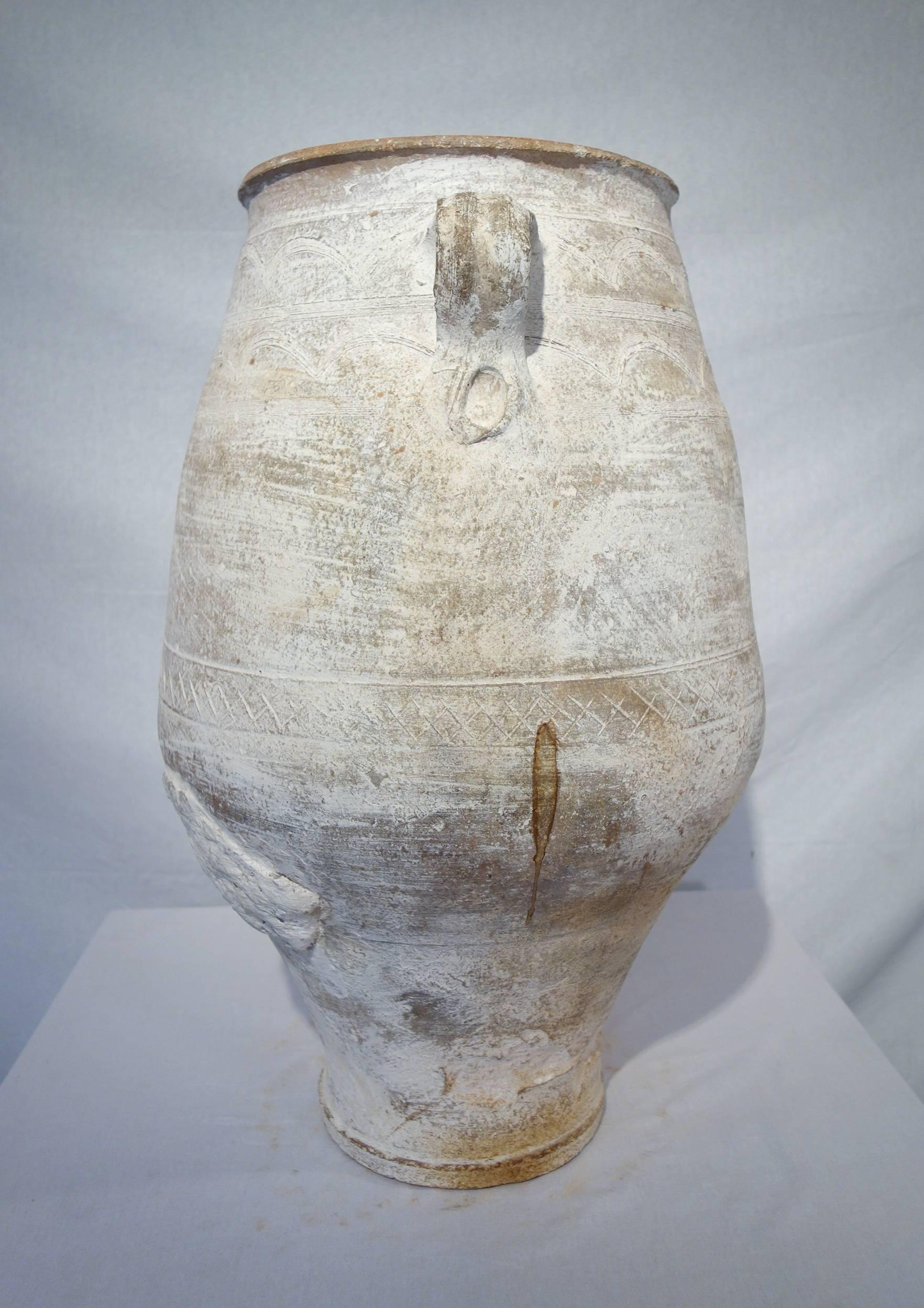 Greek 19th Century Mediterranean Terracotta Amphora Jar with White Patina and Handles