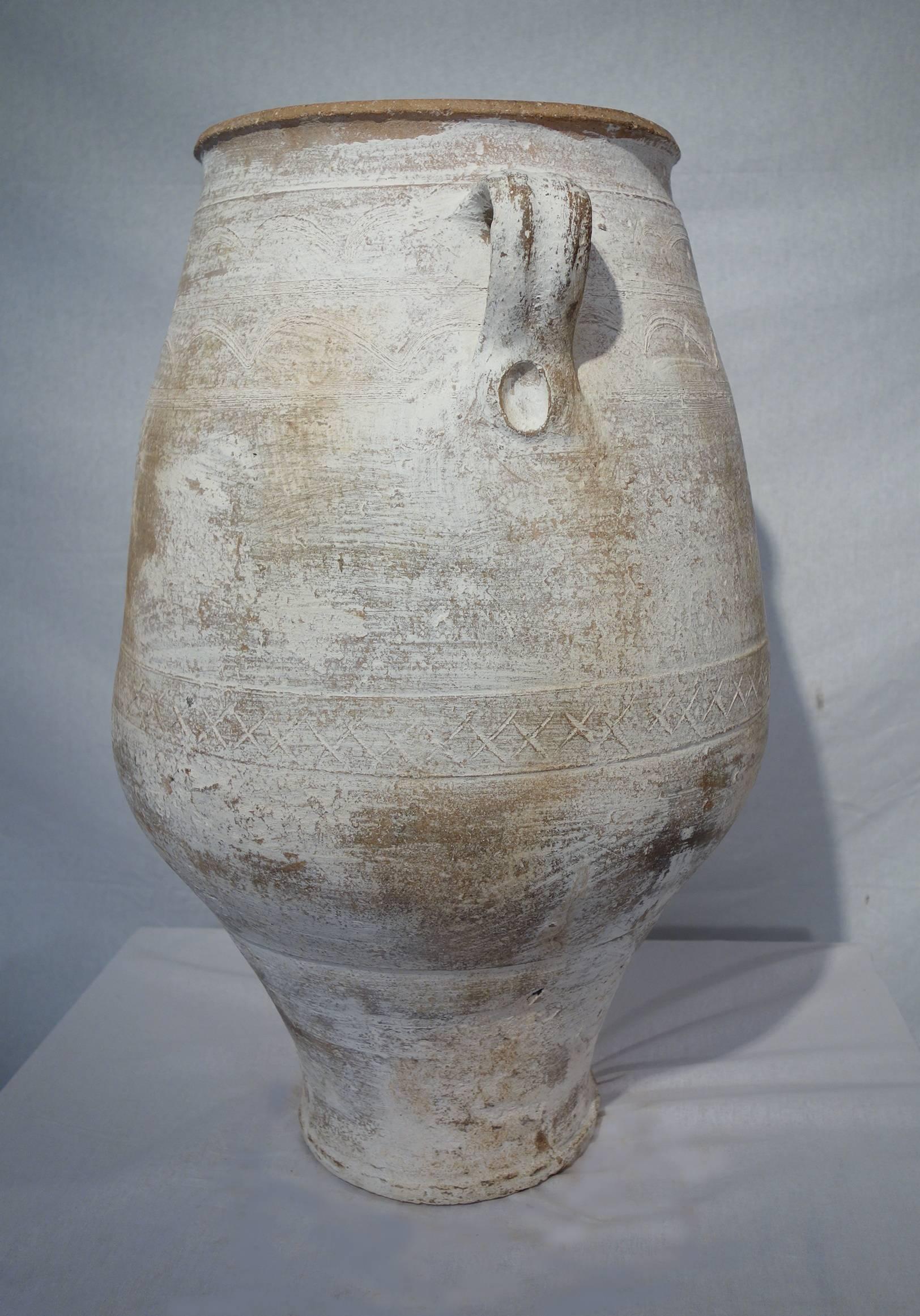 Classical Greek 19th Century Mediterranean Terracotta Amphora Jar with White Patina and Handles