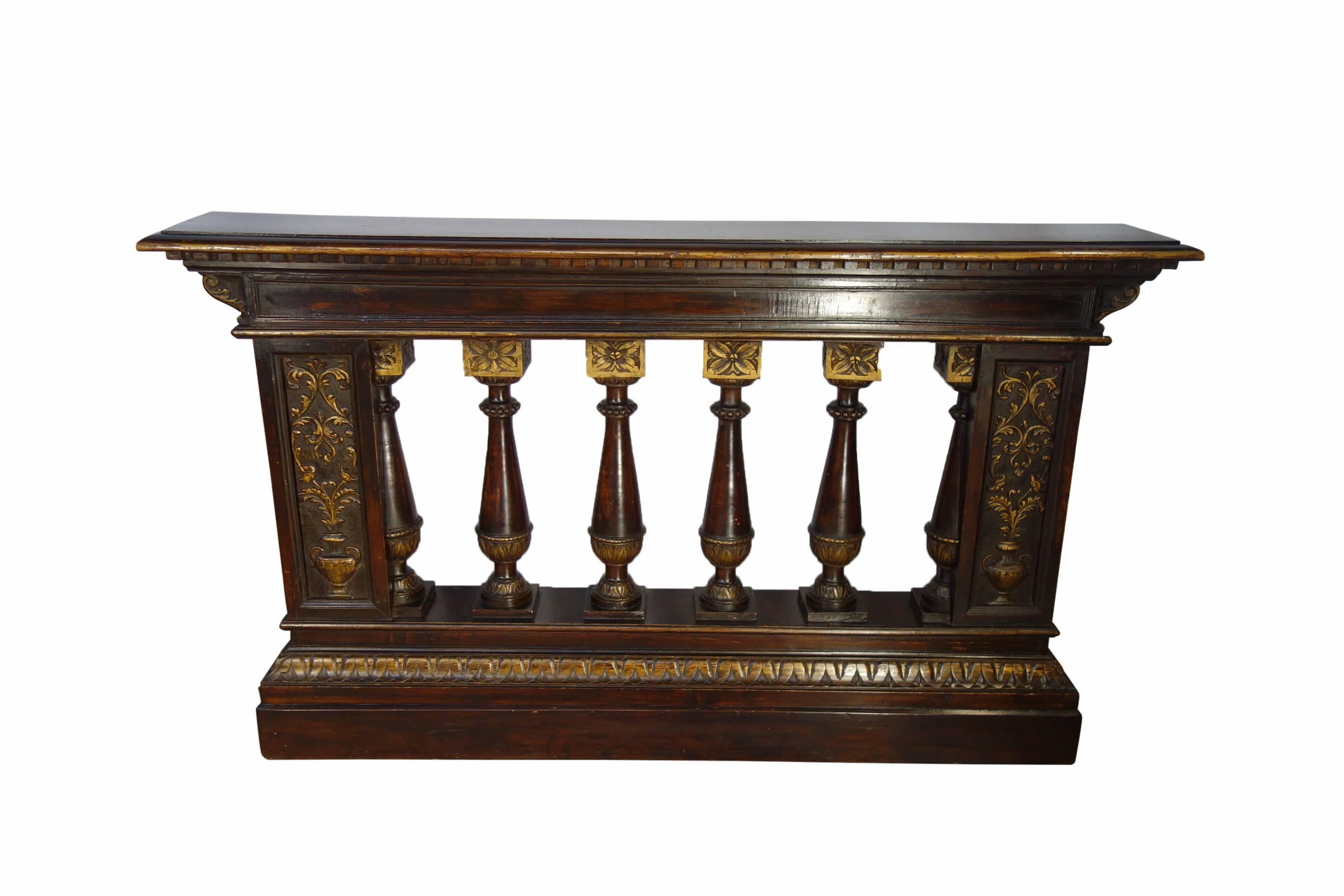 Wood 19th Century Italian Balustrade with Renaissance Carvings and Gold Gilt Ca 1850