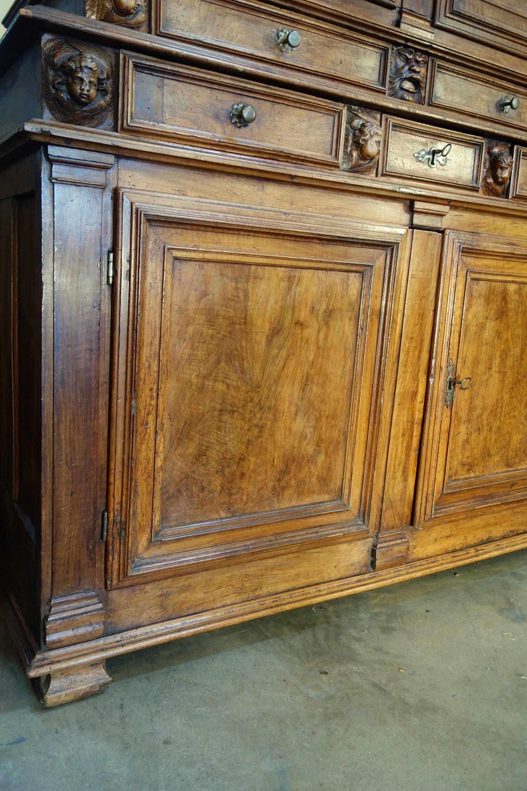 18th Century Antique Italian Double Credenza Hutch, Solid and Carved Walnut 2
