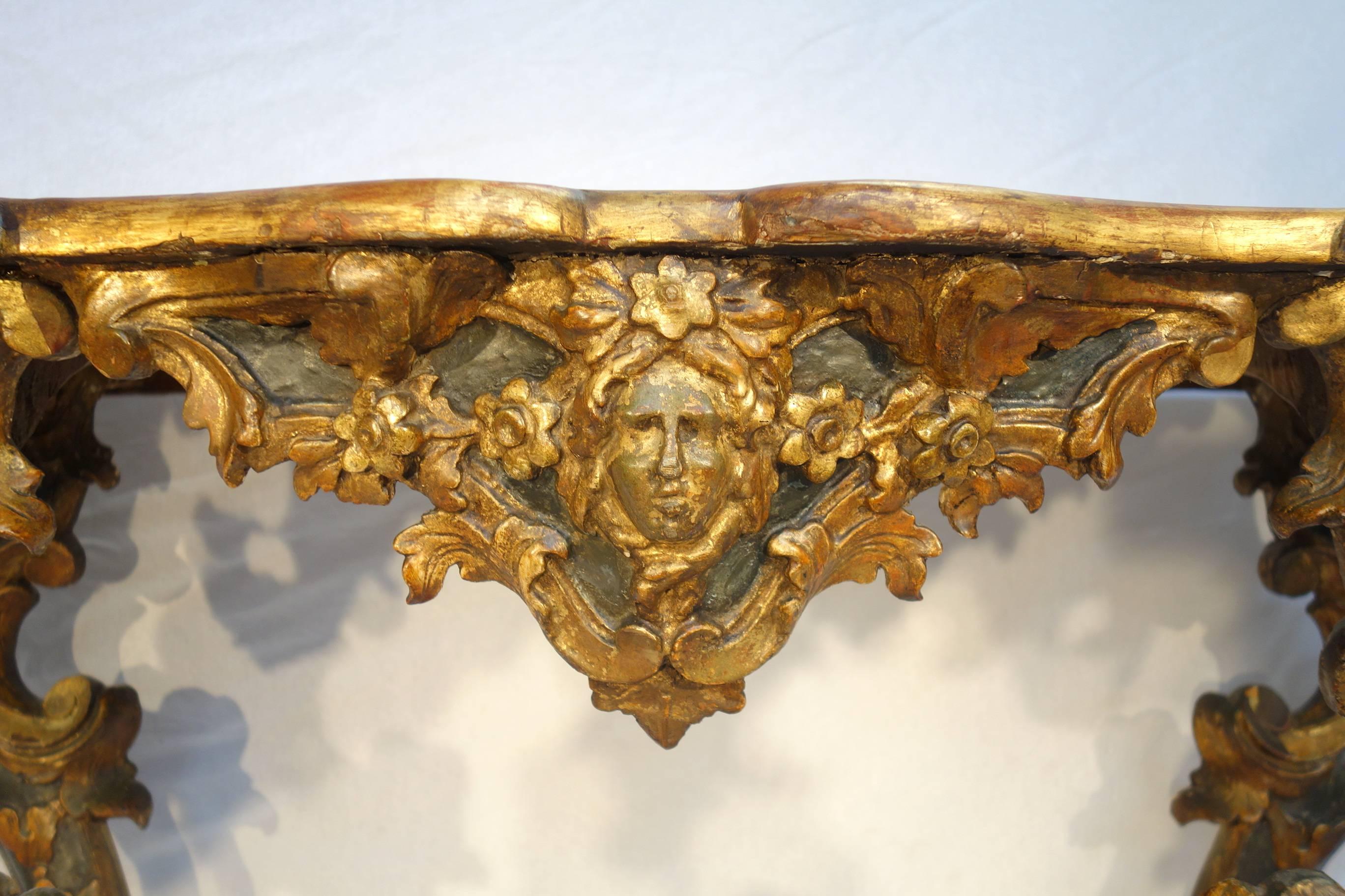 Lacquer 18th Century Pair of Roman Parcel Gilt and Painted Console Tables Circa 1750 