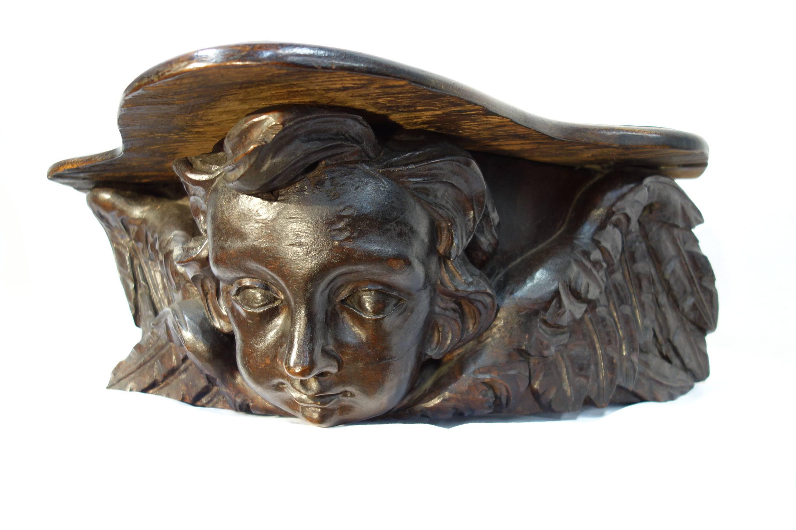 Renaissance 17th Century Tuscan Angel Shelf Carved from Single Block of Walnut Circa 1680 For Sale
