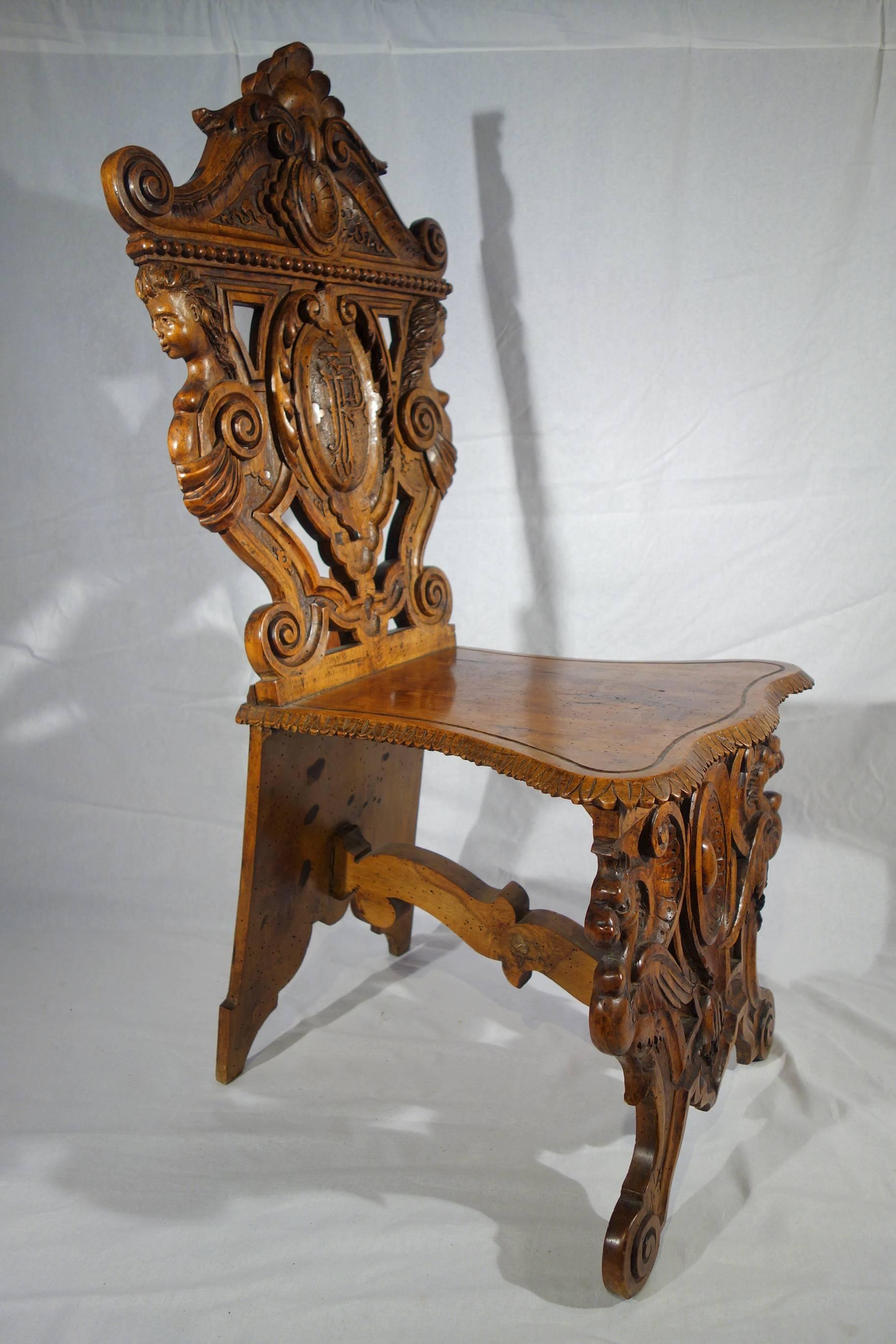 Walnut 19th Century Antique Italian Hand Carved Pair Sgabelli Chairs Valentino Besarel