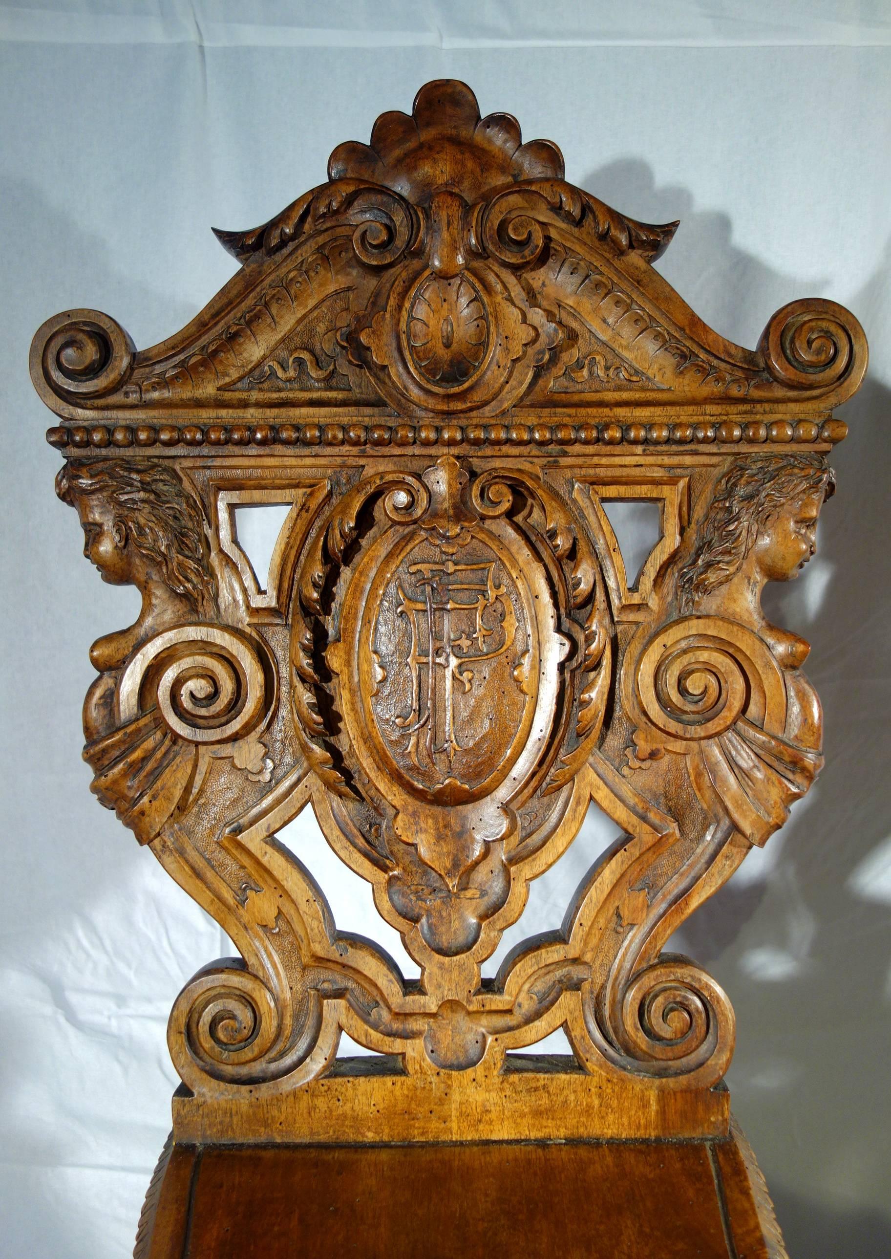 Renaissance Revival 19th Century Antique Italian Hand Carved Sgabello Chair by Valentino Besarel