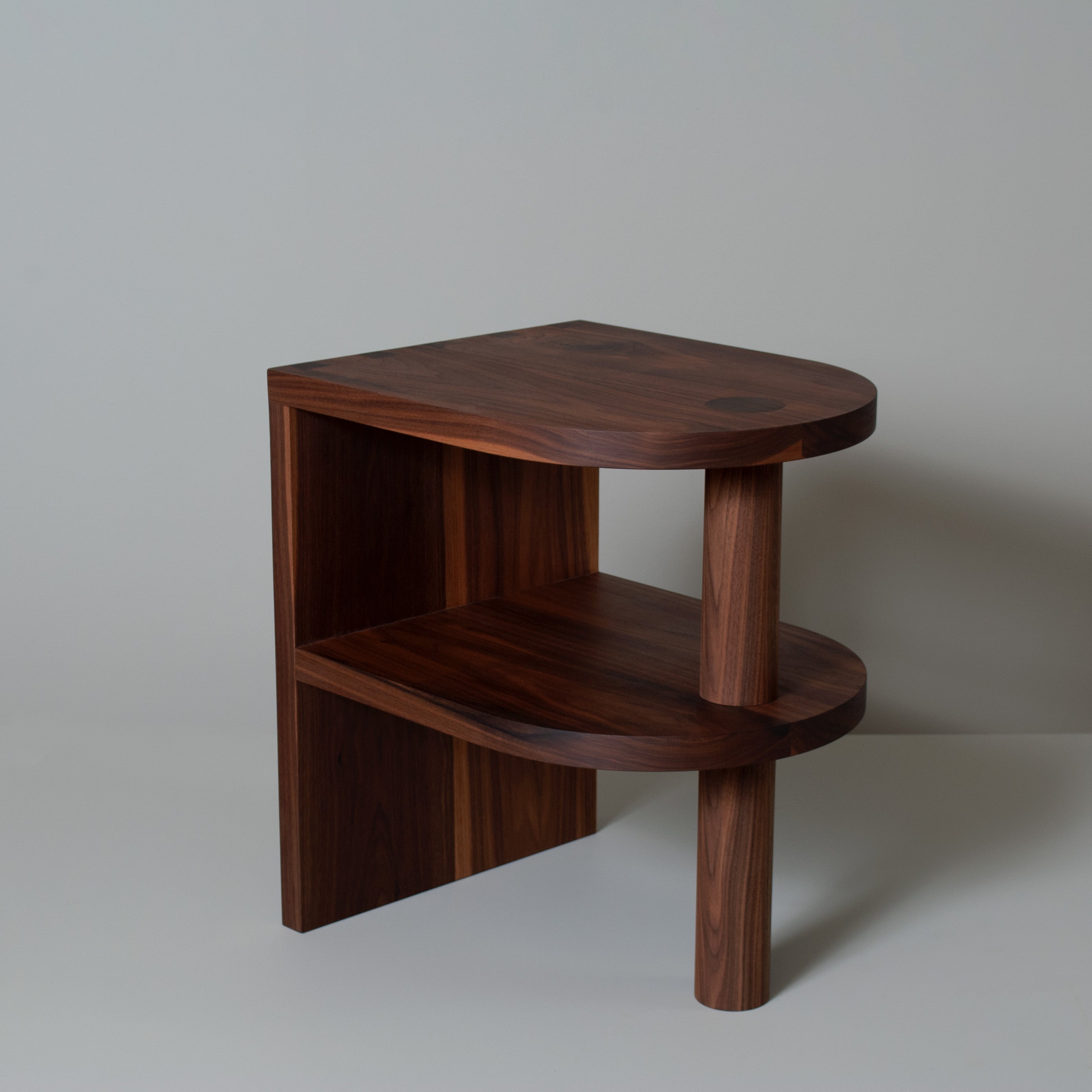 Architectural Handcrafted Pillar Walnut End Table For Sale