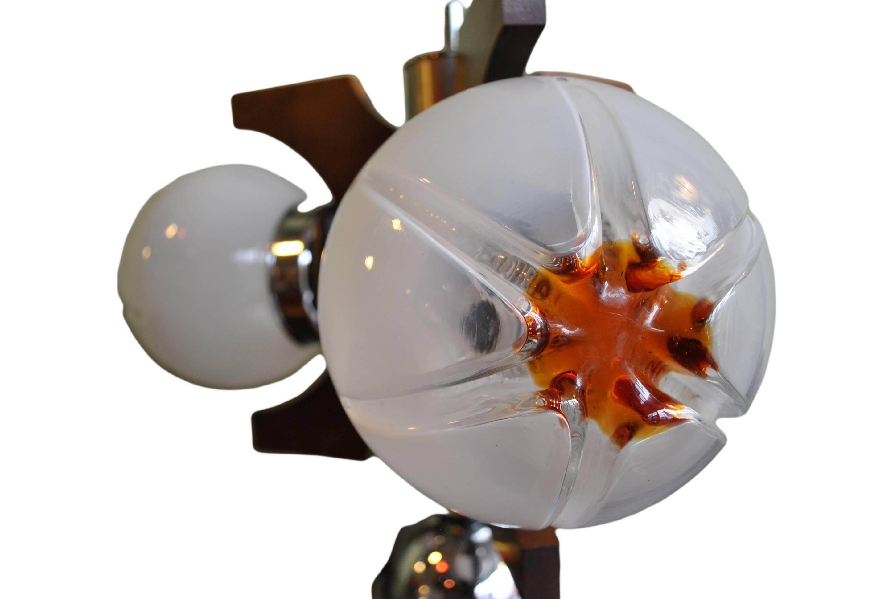 Three globe Mazzega Murano ceiling pendant light chandelier. Handblown glass with wood and chrome.