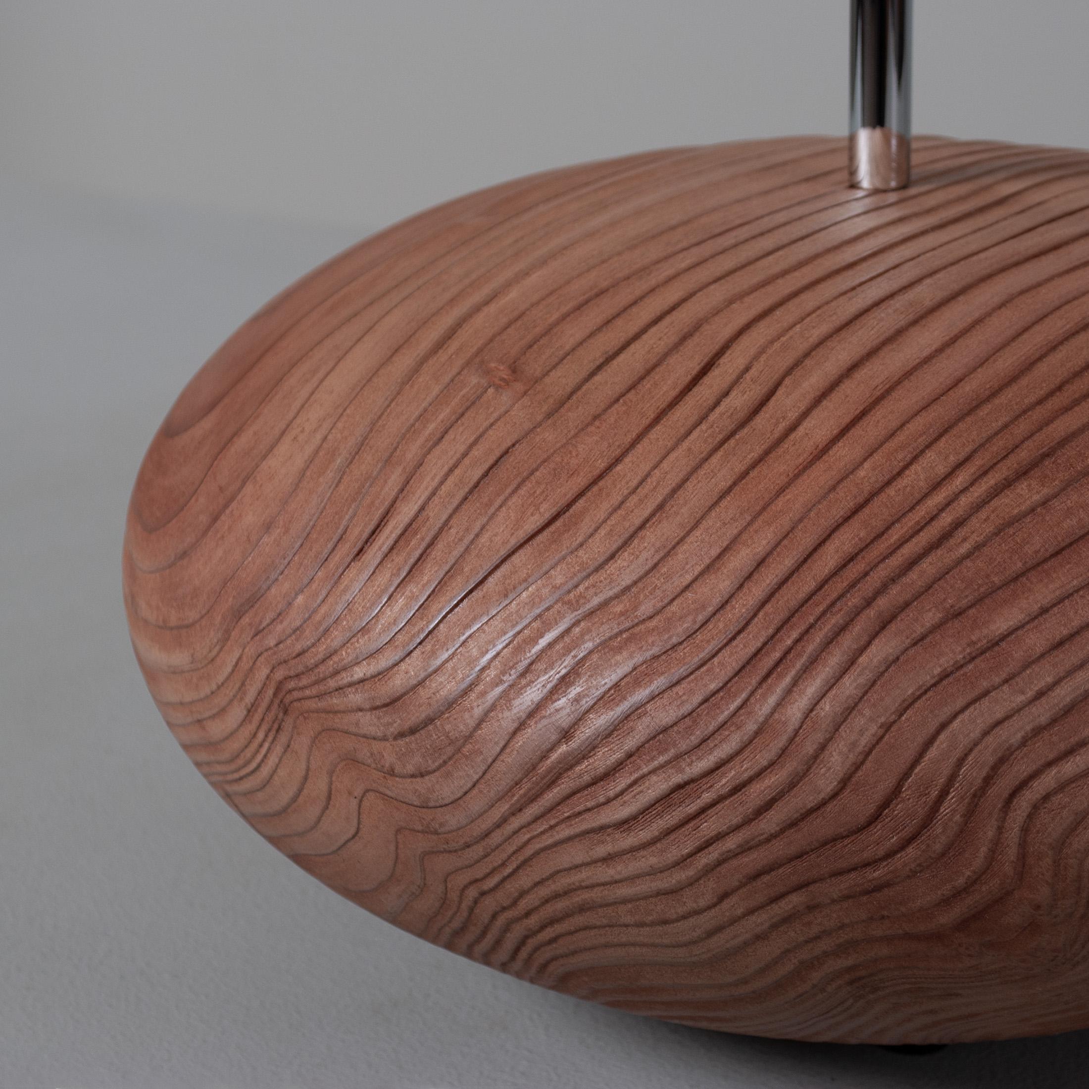 Large sandblasted Sequoia lamp. Handcrafted and turned solid English sequoia (a redwood related to cypress).
 Chrome or brass electrical fittings to your requirements. Dimensions may vary slightly due to the nature of the craft process involved.
The
