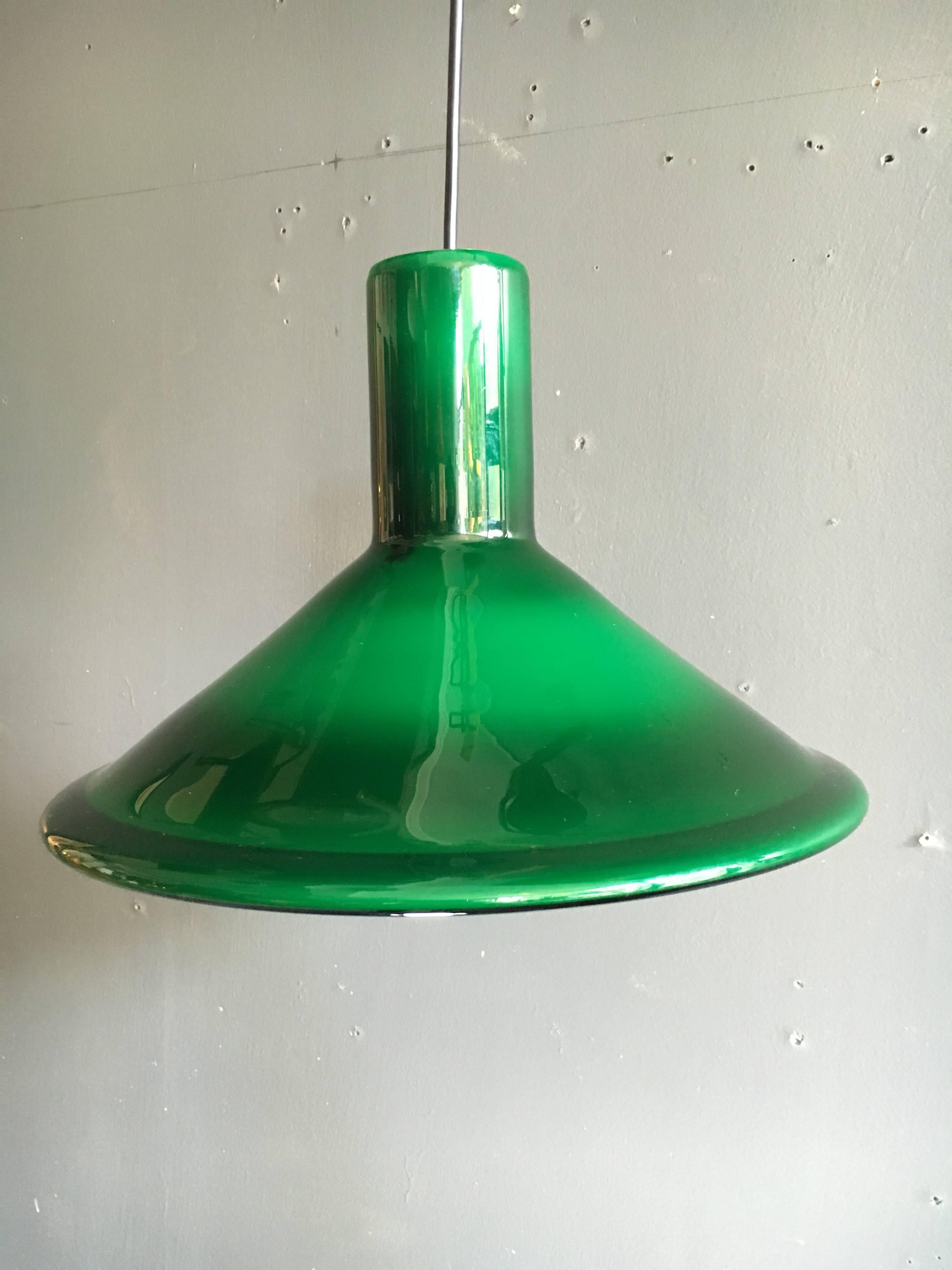 Blown Glass Pair of Danish mid-century pendant lights by Michael Bang, Holmegaard Glass P&T.