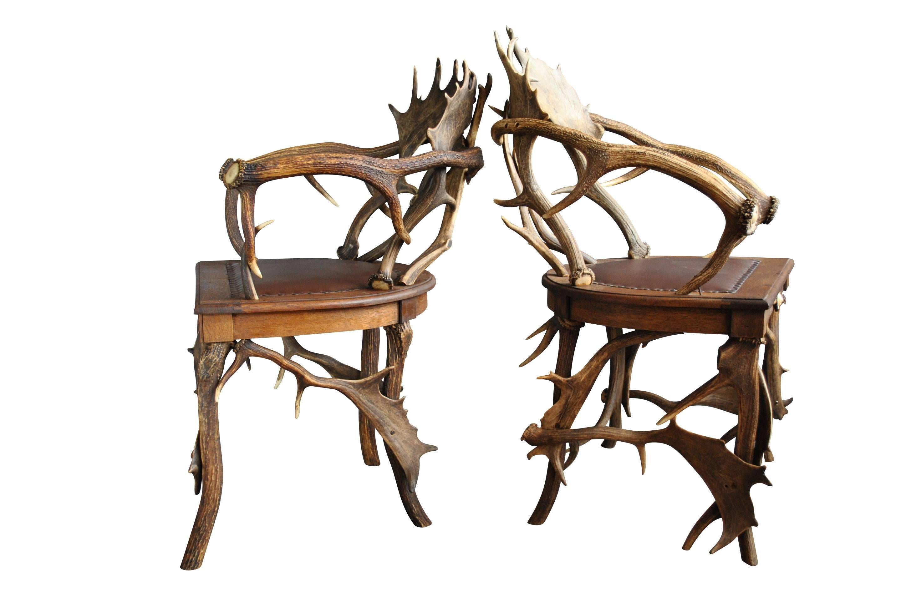 Black Forest Spectacular Set of Antique Scandinavian Antler Chairs and Table