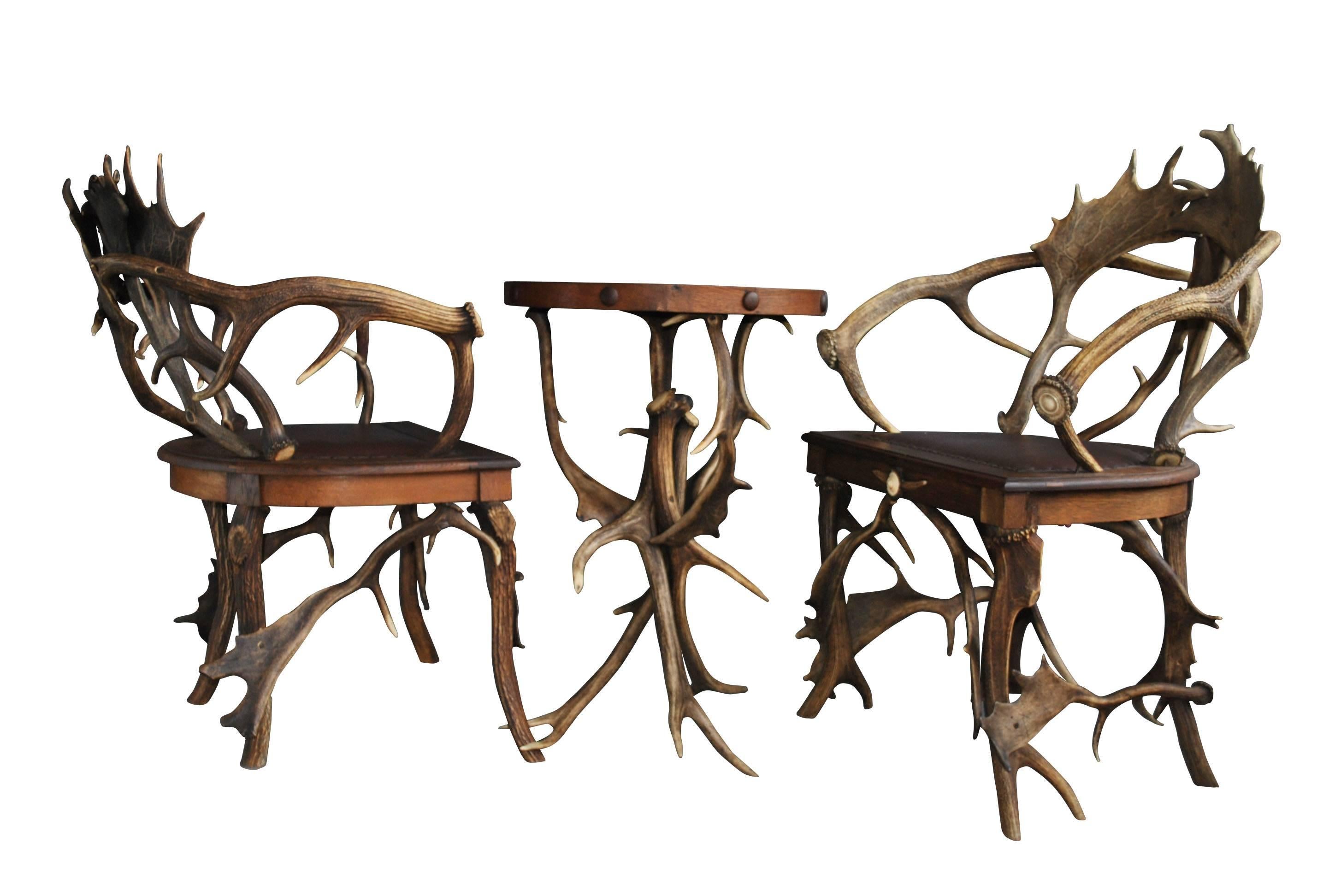 Spectacular Set of Antique Scandinavian Antler Chairs and Table 3