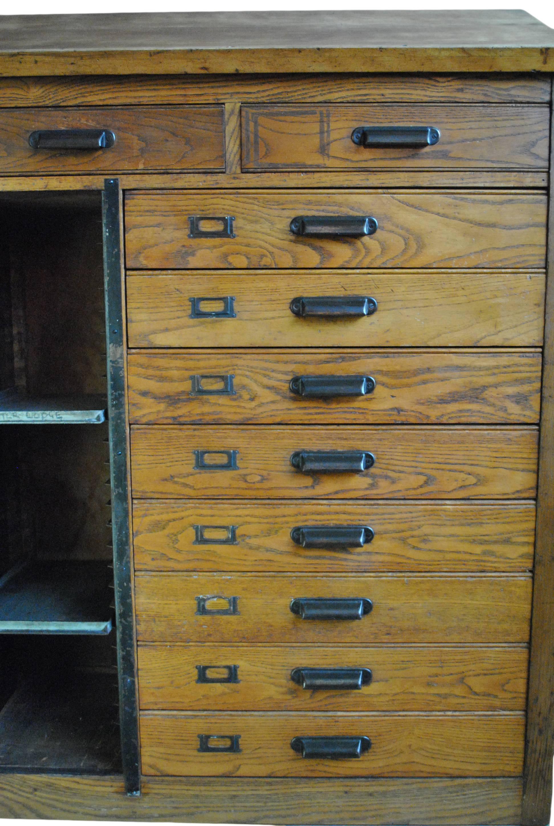 Industrial Antique Oak Letterpress Printers Cabinet