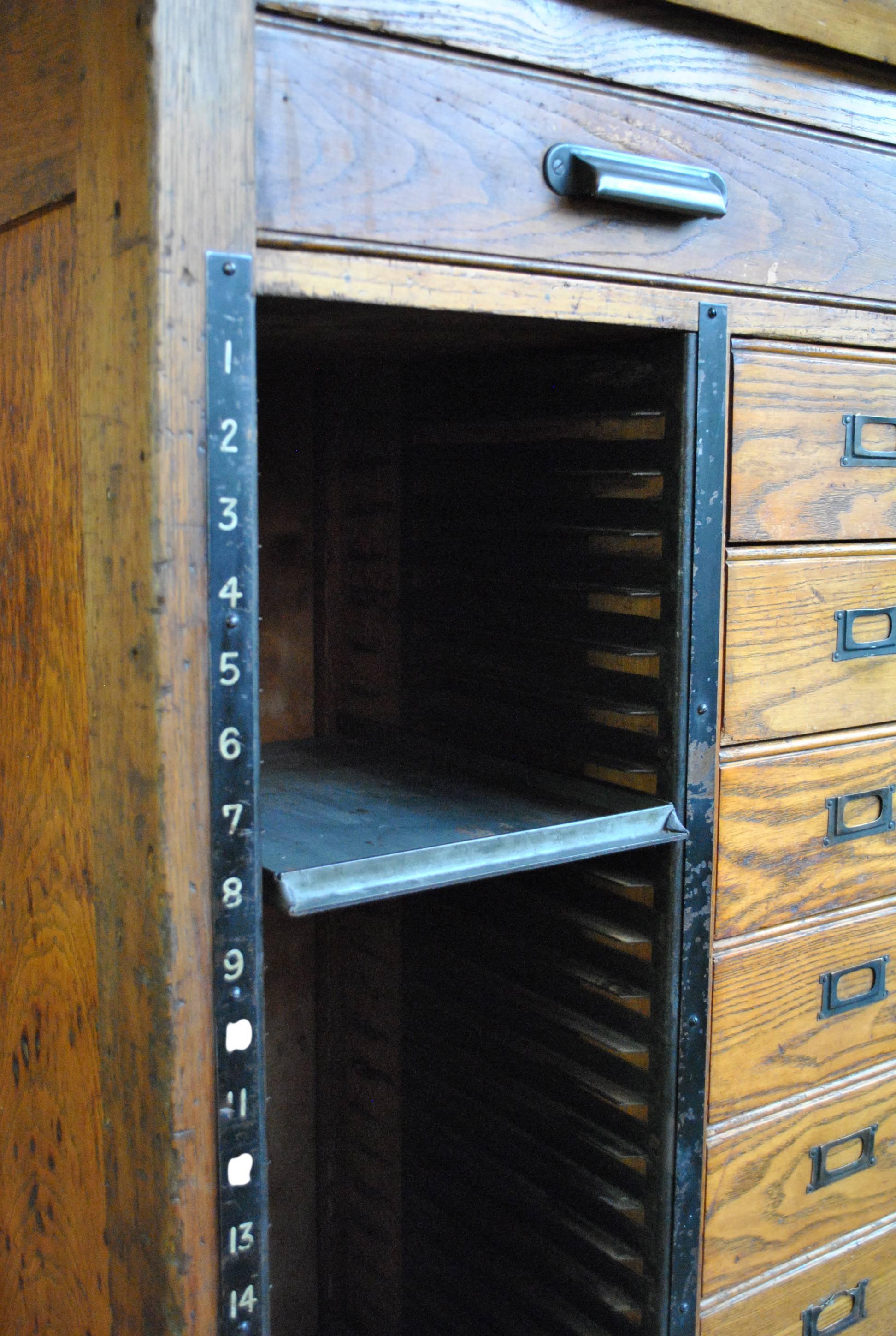 English Antique Oak Letterpress Printers Cabinet