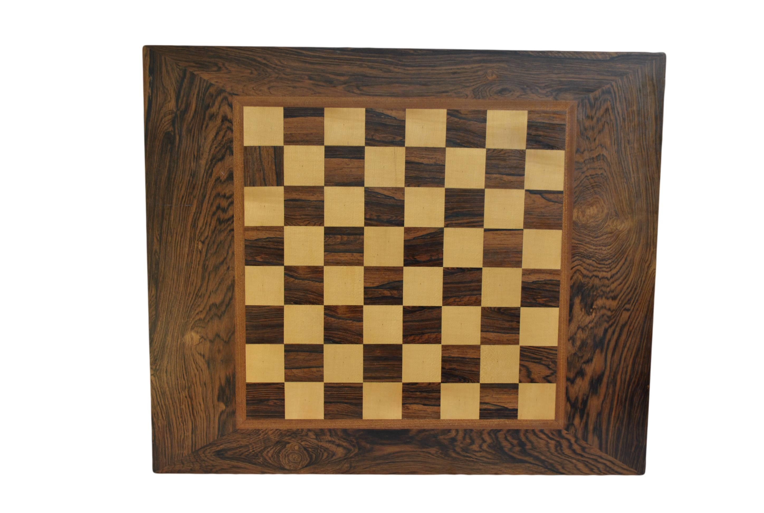 Beautifully inlaid parquetry table for chess or draughts etc. Produced in Denmark, circa 1960s. Chess pieces included.
 