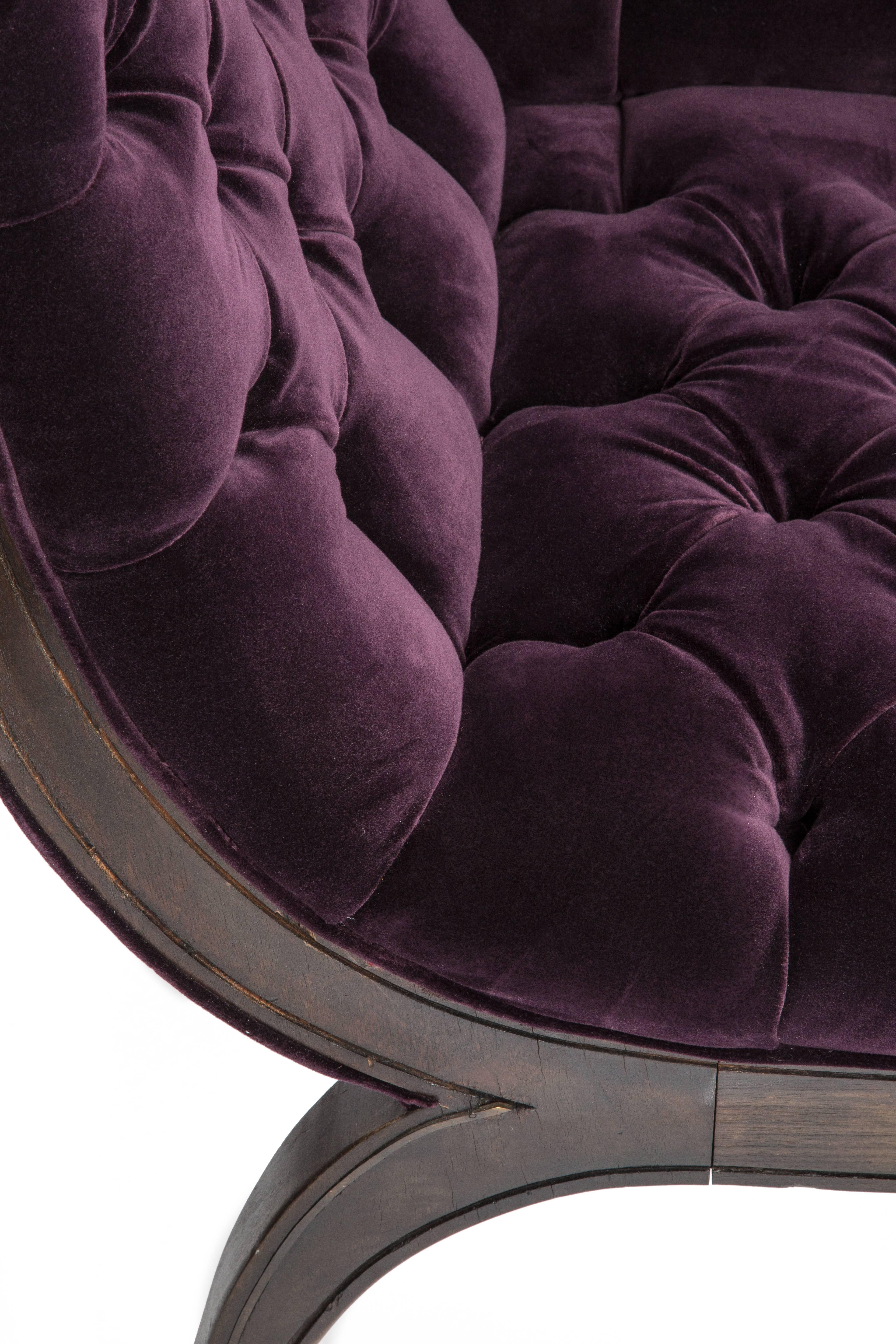 This 1920's inspired beautiful Egyptian style sofa features a fully tufted and elegant design throughout its body creating a comforting form.  Reupholstered in velvet cotton fabric adds a luxurious comfort to its textile weaving design. Notice the
