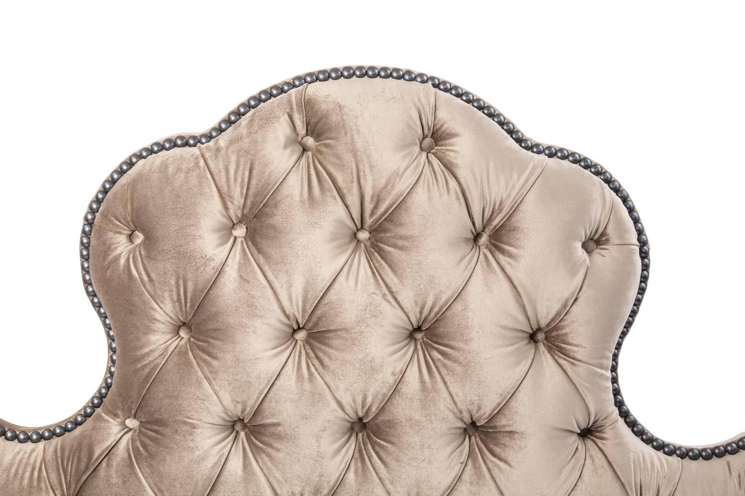 Hollywood Regency inspired queen-size tufted headboard in fabric Champagne velvet with darkened steel color nail heads. A signature custom designed headboard by designer Christina Karras. Custom options are available, price will vary. For all custom